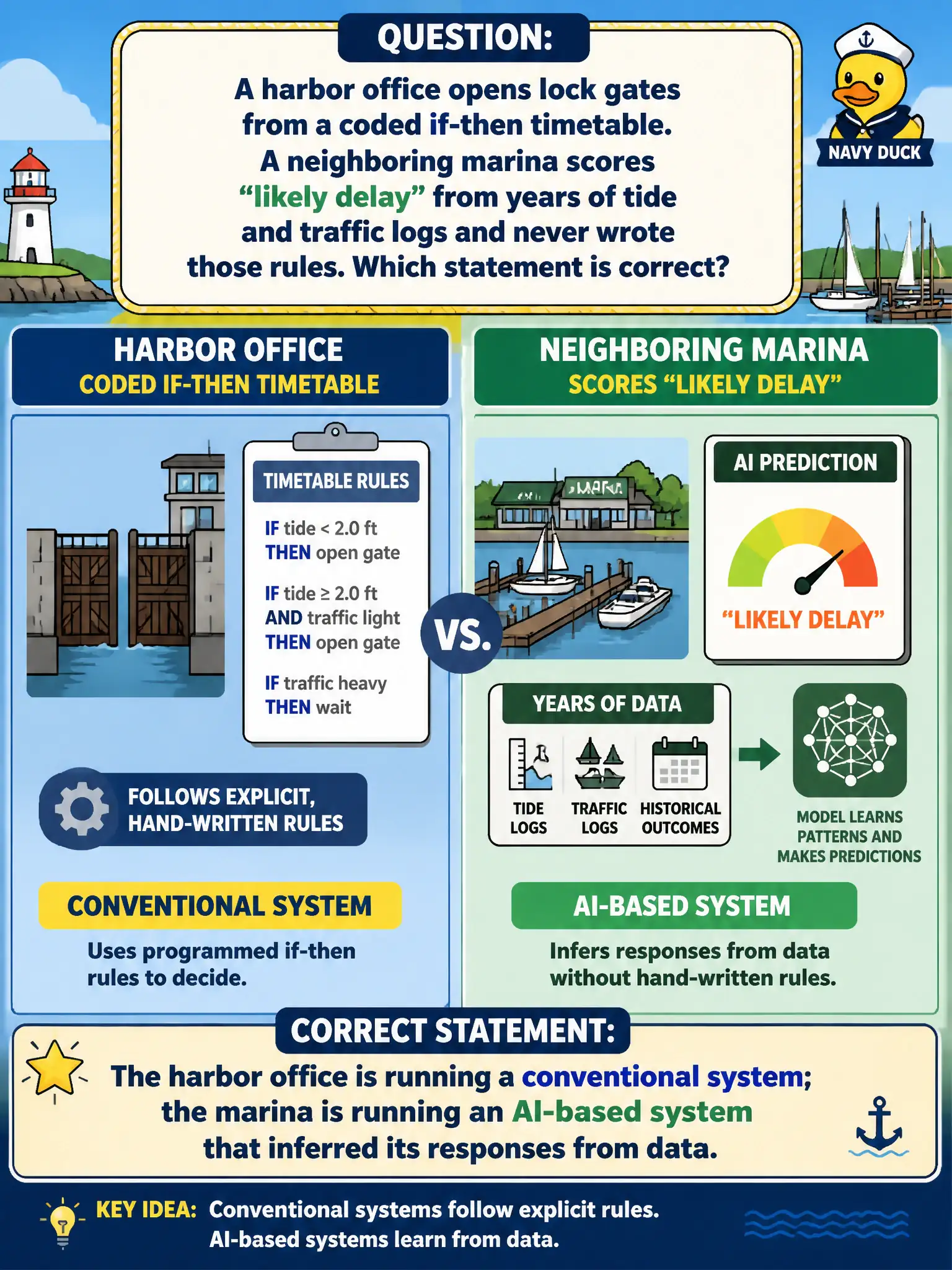 To Create an exciting colorful infographic that explains the concepts in the question: Question: A harbor office opens lock gates from a coded if-then timetable. A neighboring marina scores “likely delay” from years of tide and traffic logs and never wrote those rules. Which statement is correct? Correct Answer: The harbor office is running a conventional system; the marina is running an AI-based system that inferred its responses from data. Put EVERY visible label in double quotes. No people. No A/B/C/D letters. In one of the four corners put a little "Navy Duck".