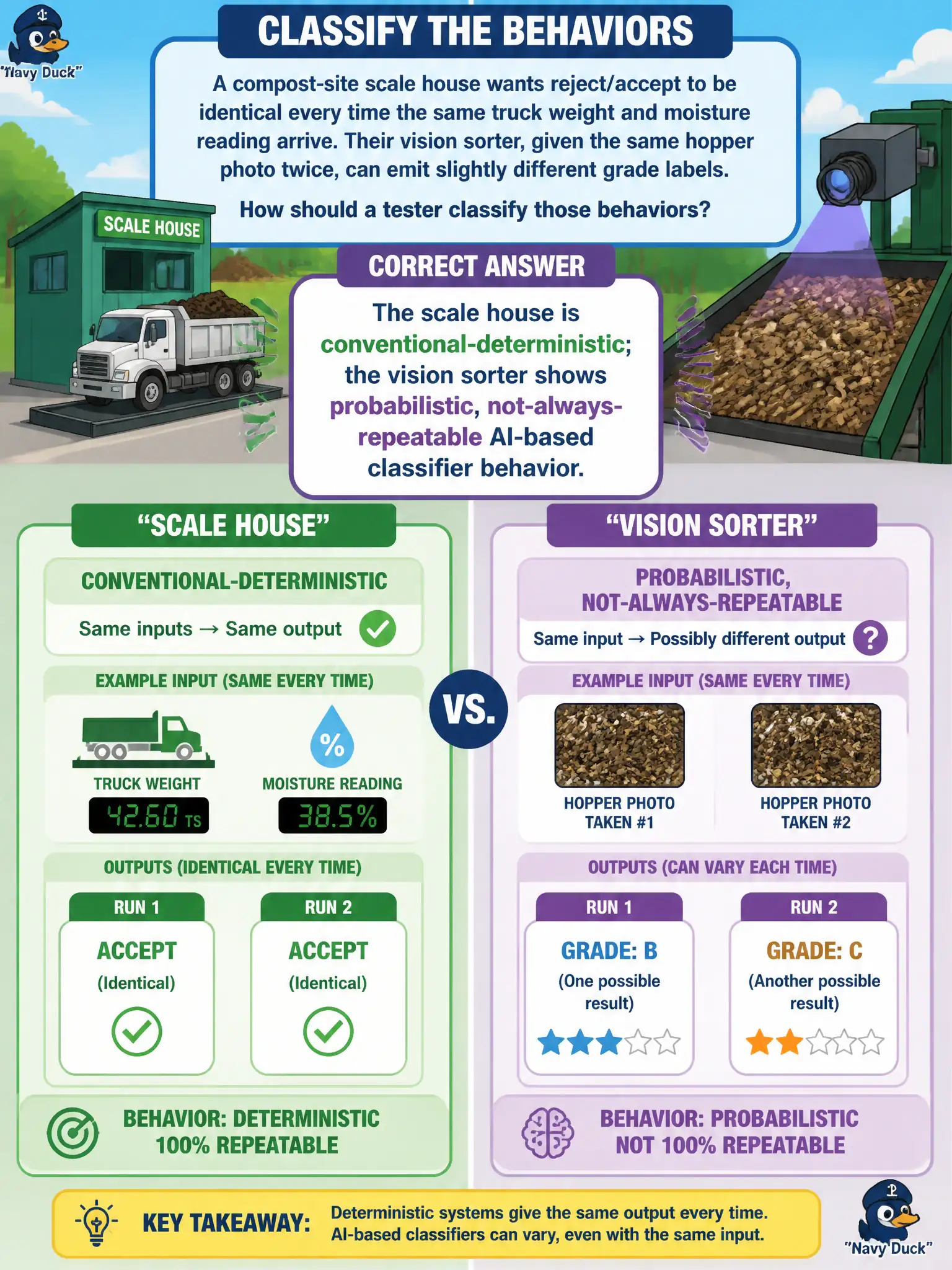 To Create an exciting colorful infographic that explains the concepts in the question: Question: A compost-site scale house wants reject/accept to be identical every time the same truck weight and moisture reading arrive. Their vision sorter, given the same hopper photo twice, can emit slightly different grade labels. How should a tester classify those behaviors? Correct Answer: The scale house is conventional-deterministic; the vision sorter shows probabilistic, not-always-repeatable AI-based classifier behavior. Put EVERY visible label in double quotes. No people. No A/B/C/D letters. In one of the four corners put a little "Navy Duck".