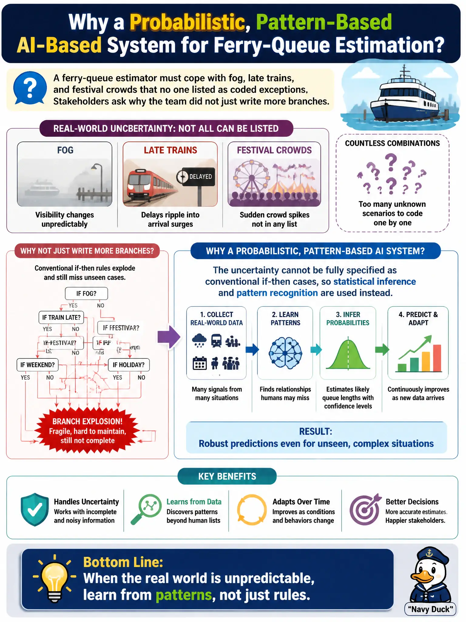To Create an exciting colorful infographic that explains the concepts in the question: Question: A ferry-queue estimator must cope with fog, late trains, and festival crowds that no one listed as coded exceptions. Stakeholders ask why the team did not just write more branches. Why is a probabilistic, pattern-based AI-based system chosen here? Correct Answer: The uncertainty cannot be fully specified as conventional if-then cases, so statistical inference and pattern recognition are used instead. Put EVERY visible label in double quotes. No people. No A/B/C/D letters. In one of the four corners put a little "Navy Duck".