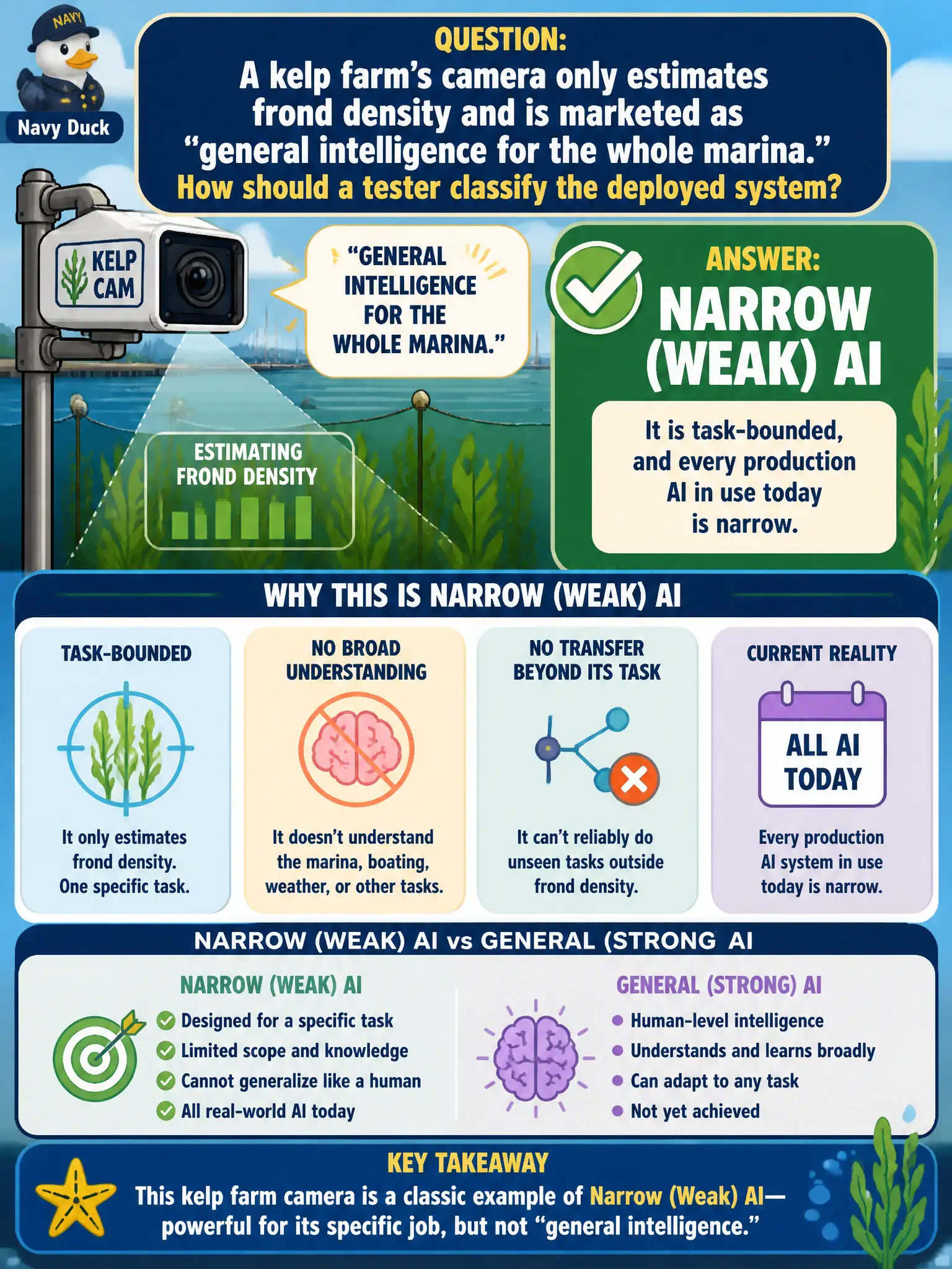 To Create an exciting colorful infographic that explains the concepts in the question: Question: A kelp farm’s camera only estimates frond density and is marketed as “general intelligence for the whole marina.” How should a tester classify the deployed system? Correct Answer: Narrow (weak) AI. It is task-bounded, and every production AI in use today is narrow. Put EVERY visible label in double quotes. No people. No A/B/C/D letters. In one of the four corners put a little "Navy Duck".