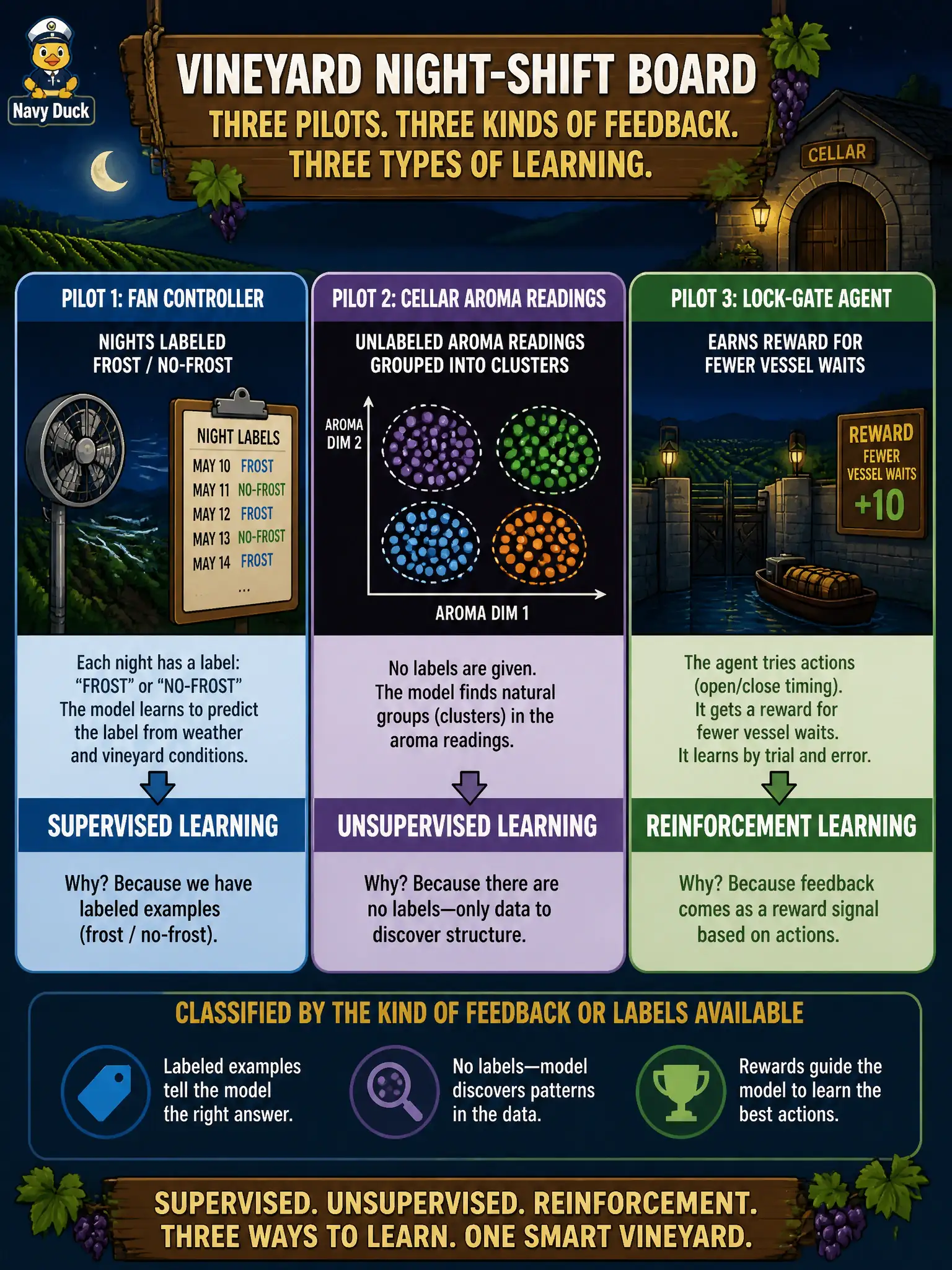 To Create an exciting colorful infographic that explains the concepts in the question: Question: A vineyard night-shift board shows three pilots: nights labeled frost / no-frost for a fan controller, unlabeled cellar aroma readings grouped into clusters, and a lock-gate agent that earns a reward for fewer vessel waits. How should those three be classified? Correct Answer: Supervised learning, unsupervised learning, and reinforcement learning, from the kind of feedback or labels available. Put EVERY visible label in double quotes. No people. No A/B/C/D letters. In one of the four corners put a little "Navy Duck".