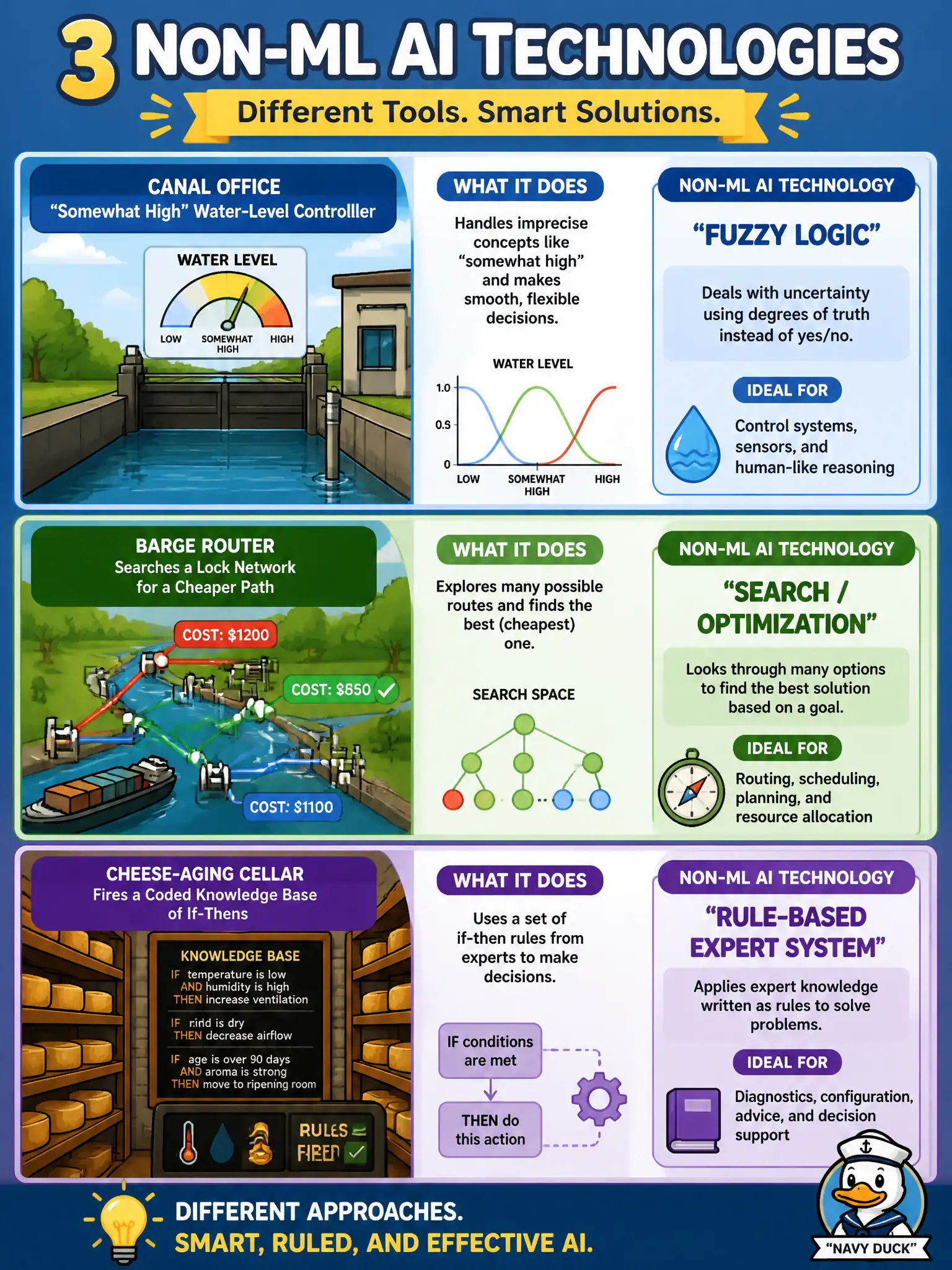 To Create an exciting colorful infographic that explains the concepts in the question: Question: A canal office uses a “somewhat high” water-level controller, a barge router that searches a lock network for a cheaper path, and a cheese-aging cellar that fires a coded knowledge base of if-thens. Which non-ML AI technologies are those? Correct Answer: Fuzzy logic, search / optimization, and a rule-based expert system. Put EVERY visible label in double quotes. No people. No A/B/C/D letters. In one of the four corners put a little "Navy Duck".