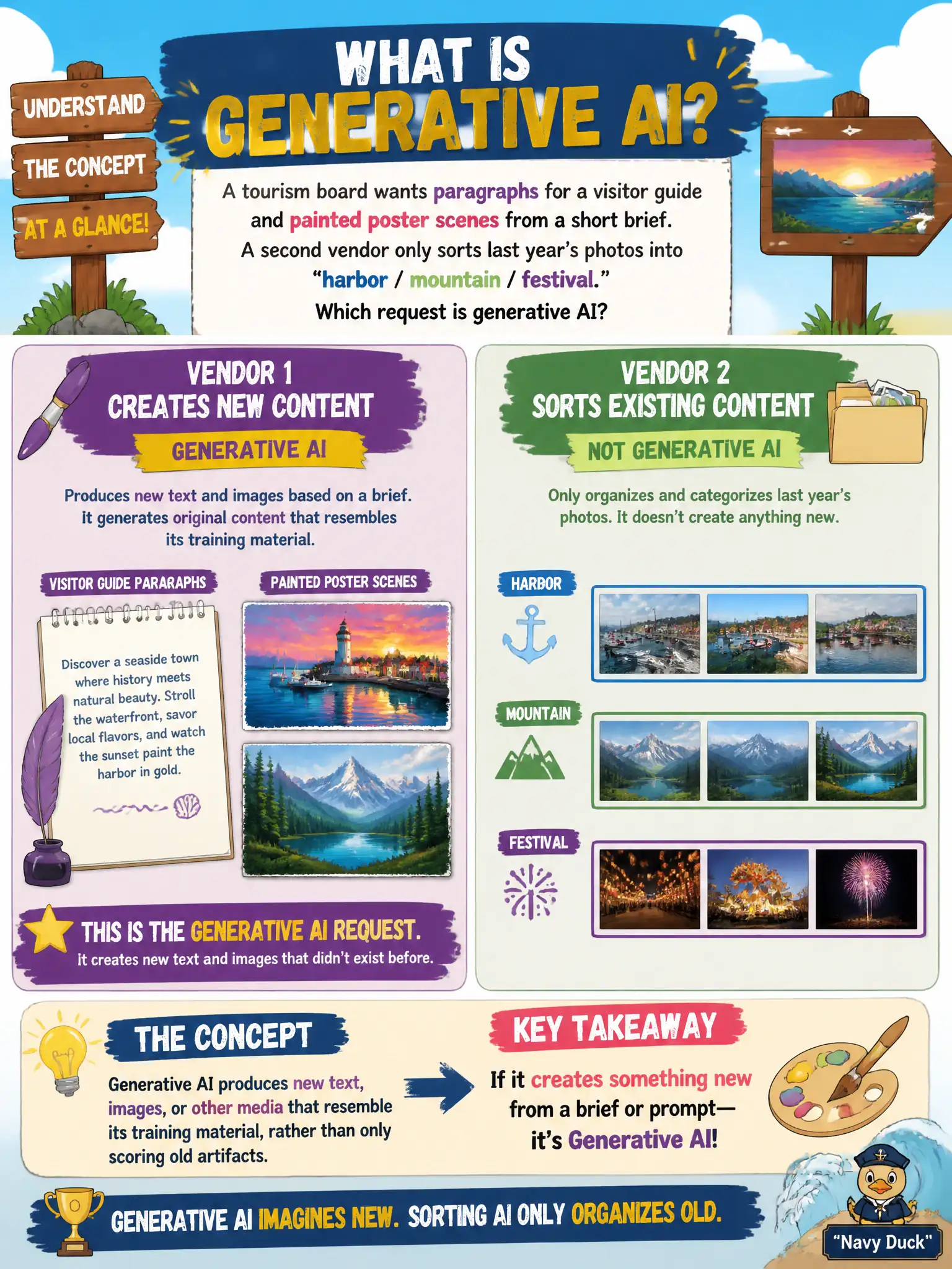 To Create an exciting colorful infographic that explains the concepts in the question: Question: A tourism board wants paragraphs for a visitor guide and painted poster scenes from a short brief. A second vendor only sorts last year’s photos into “harbor / mountain / festival.” Which request is generative AI? Correct Answer: The first. Generative AI produces new text, images, or other media that resemble its training material, rather than only scoring old artifacts. Put EVERY visible label in double quotes. No people. No A/B/C/D letters. In one of the four corners put a little "Navy Duck".