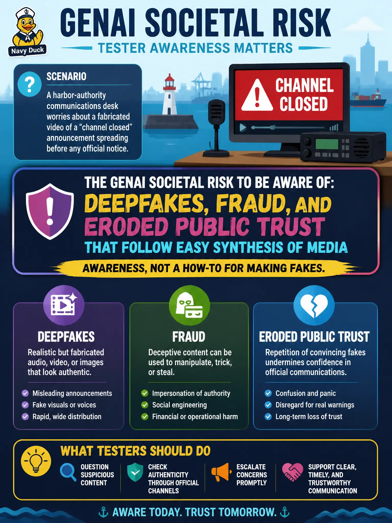 To Create an exciting colorful infographic that explains the concepts in the question: Question: A harbor-authority communications desk worries about a fabricated video of a “channel closed” announcement spreading before any official notice. What GenAI societal risk should a tester be aware of? Correct Answer: Deepfakes, fraud, and eroded public trust that follow easy synthesis of media — awareness, not a how-to for making fakes. Put EVERY visible label in double quotes. No people. No A/B/C/D letters. In one of the four corners put a little "Navy Duck".