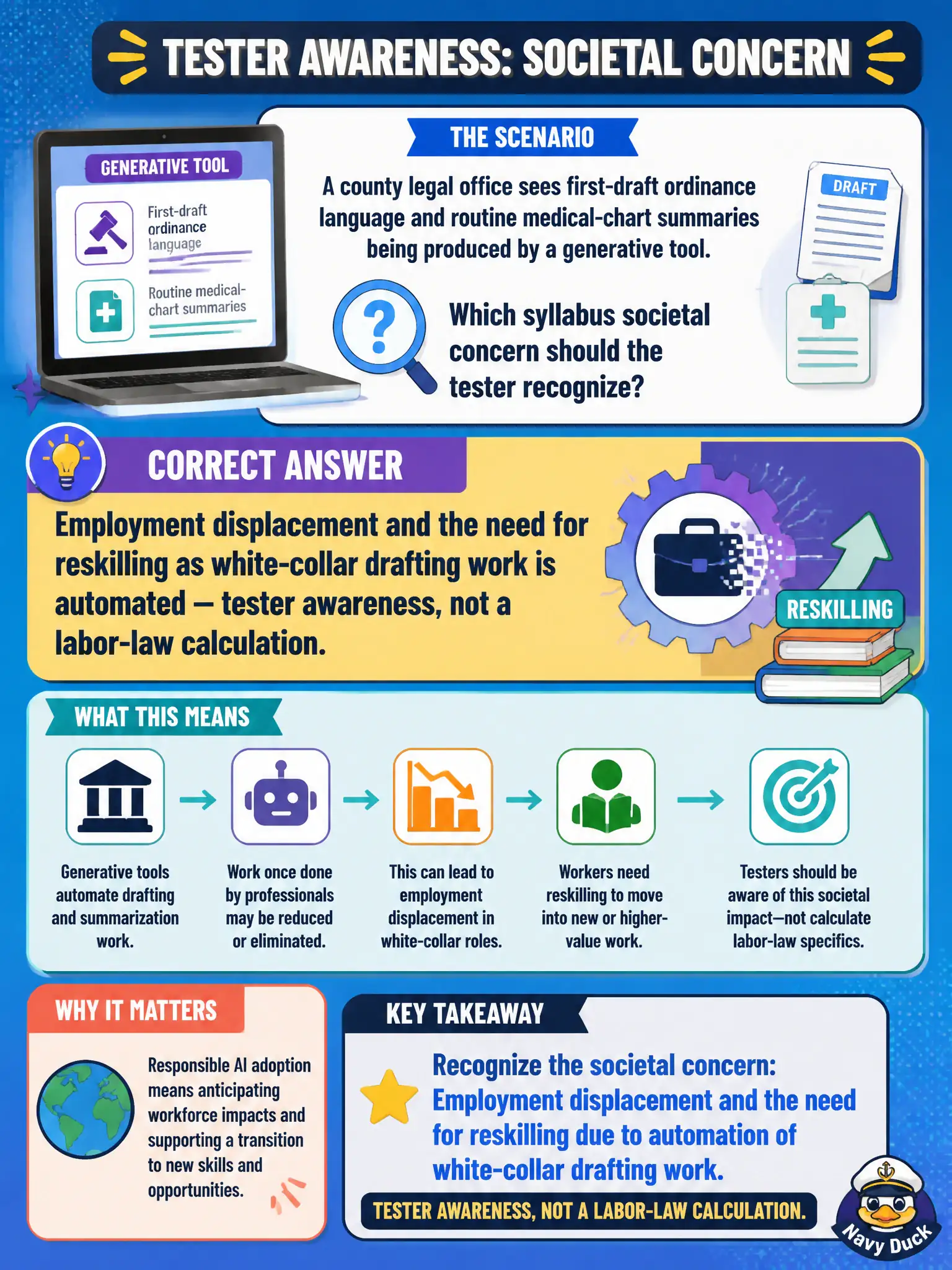 To Create an exciting colorful infographic that explains the concepts in the question: Question: A county legal office sees first-draft ordinance language and routine medical-chart summaries being produced by a generative tool. Which syllabus societal concern should the tester recognize? Correct Answer: Employment displacement and the need for reskilling as white-collar drafting work is automated — tester awareness, not a labor-law calculation. Put EVERY visible label in double quotes. No people. No A/B/C/D letters. In one of the four corners put a little "Navy Duck".
