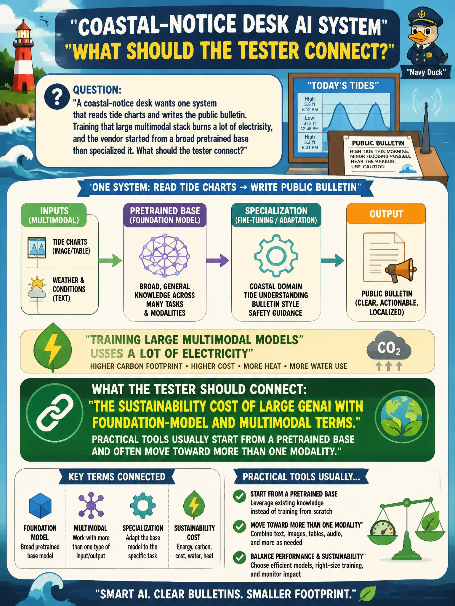 To Create an exciting colorful infographic that explains the concepts in the question: Question: A coastal-notice desk wants one system that reads tide charts and writes the public bulletin. Training that large multimodal stack burns a lot of electricity, and the vendor started from a broad pretrained base then specialized it. What should the tester connect? Correct Answer: Sustainability cost of large GenAI with foundation-model and multimodal terms: practical tools usually start from a pretrained base and often move toward more than one modality. Put EVERY visible label in double quotes. No people. No A/B/C/D letters. In one of the four corners put a little "Navy Duck".