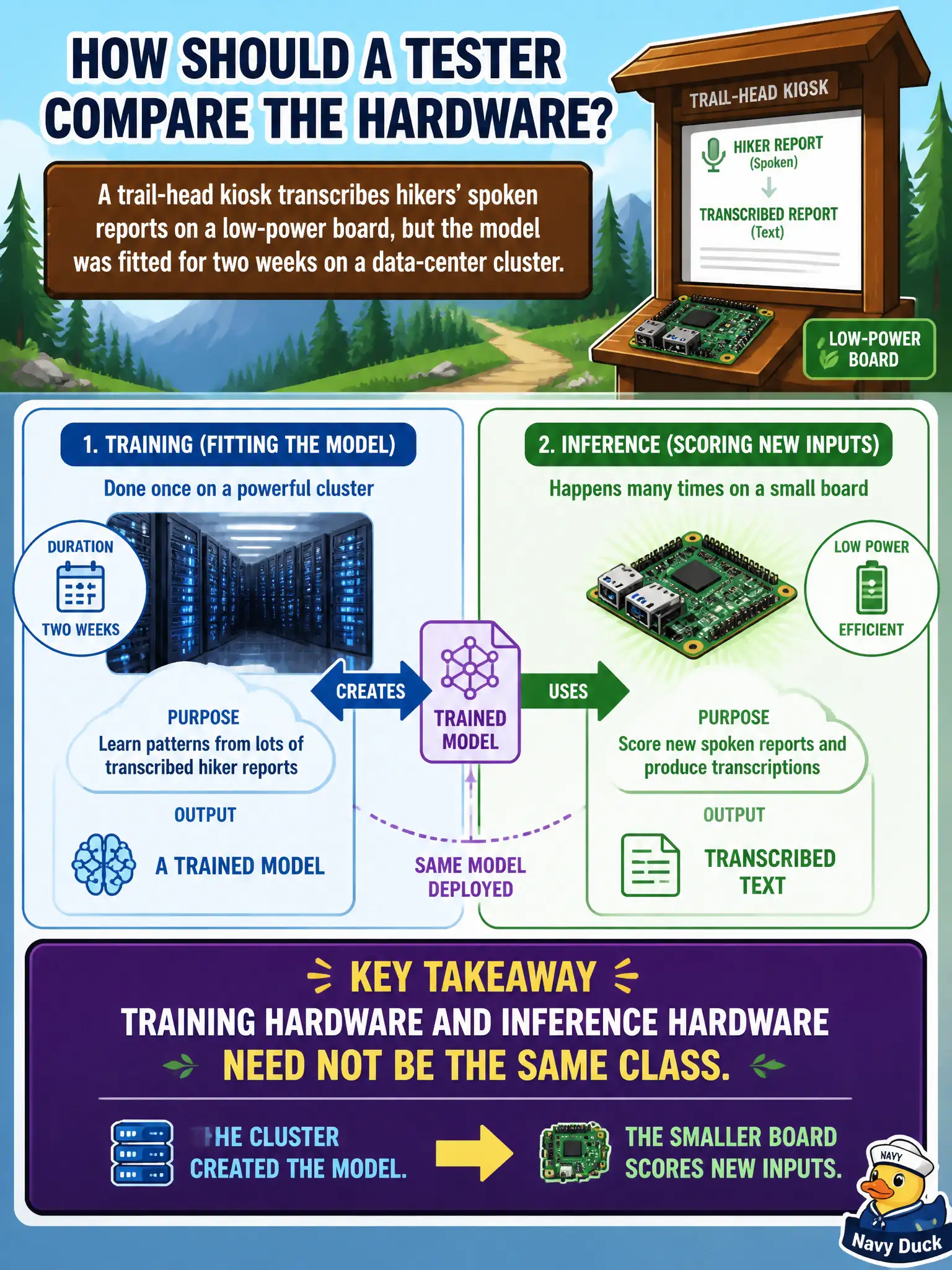 To Create an exciting colorful infographic that explains the concepts in the question: Question: A trail-head kiosk transcribes hikers’ spoken reports on a low-power board, but the model was fitted for two weeks on a data-center cluster. How should a tester compare the hardware? Correct Answer: Training hardware and inference hardware need not be the same class. The cluster created the model; the smaller board scores new inputs. Put EVERY visible label in double quotes. No people. No A/B/C/D letters. In one of the four corners put a little "Navy Duck".