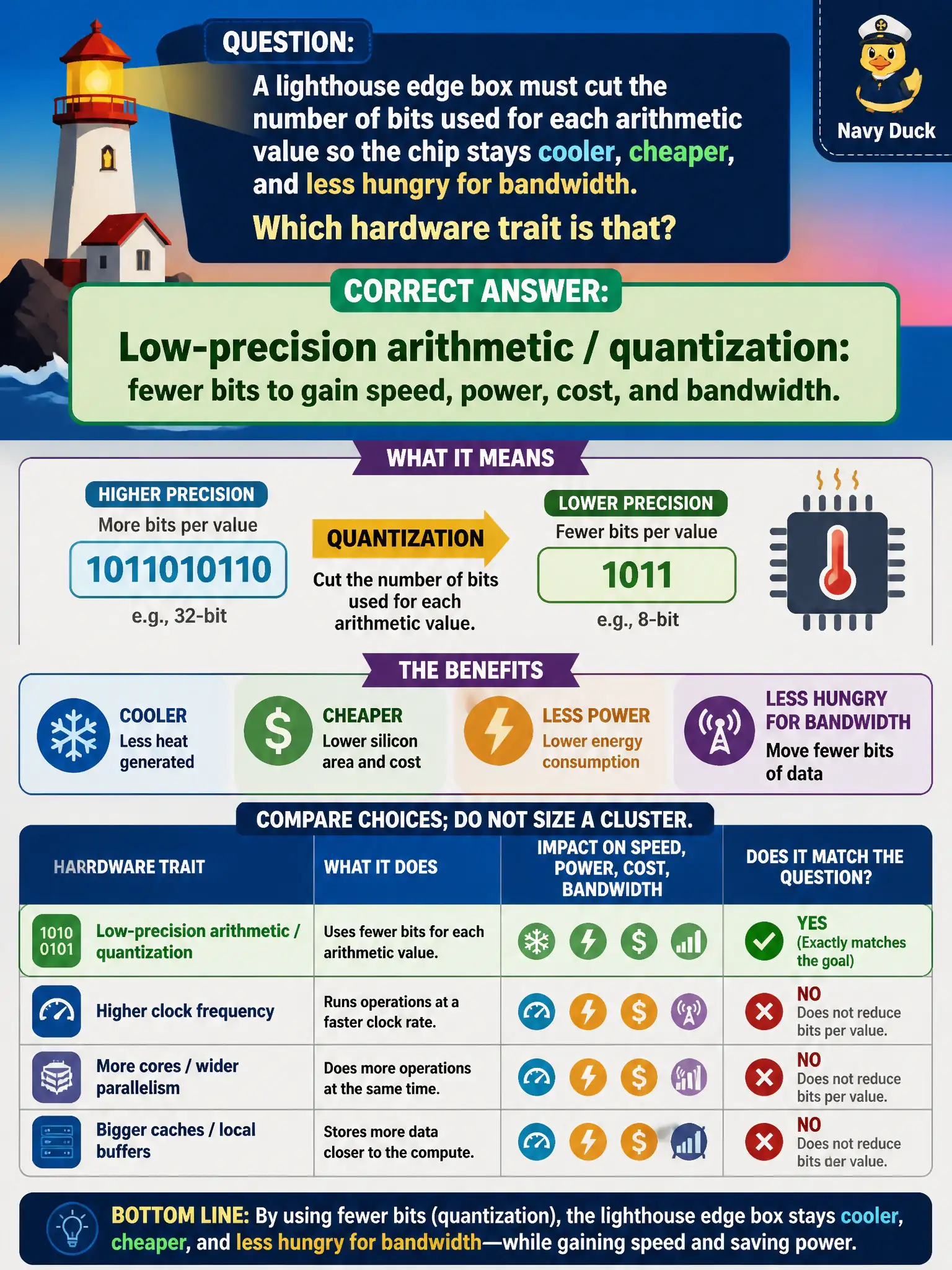 To Create an exciting colorful infographic that explains the concepts in the question: Question: A lighthouse edge box must cut the number of bits used for each arithmetic value so the chip stays cooler, cheaper, and less hungry for bandwidth. Which hardware trait is that? Correct Answer: Low-precision arithmetic / quantization: fewer bits to gain speed, power, cost, and bandwidth. Compare choices; do not size a cluster. Put EVERY visible label in double quotes. No people. No A/B/C/D letters. In one of the four corners put a little "Navy Duck".