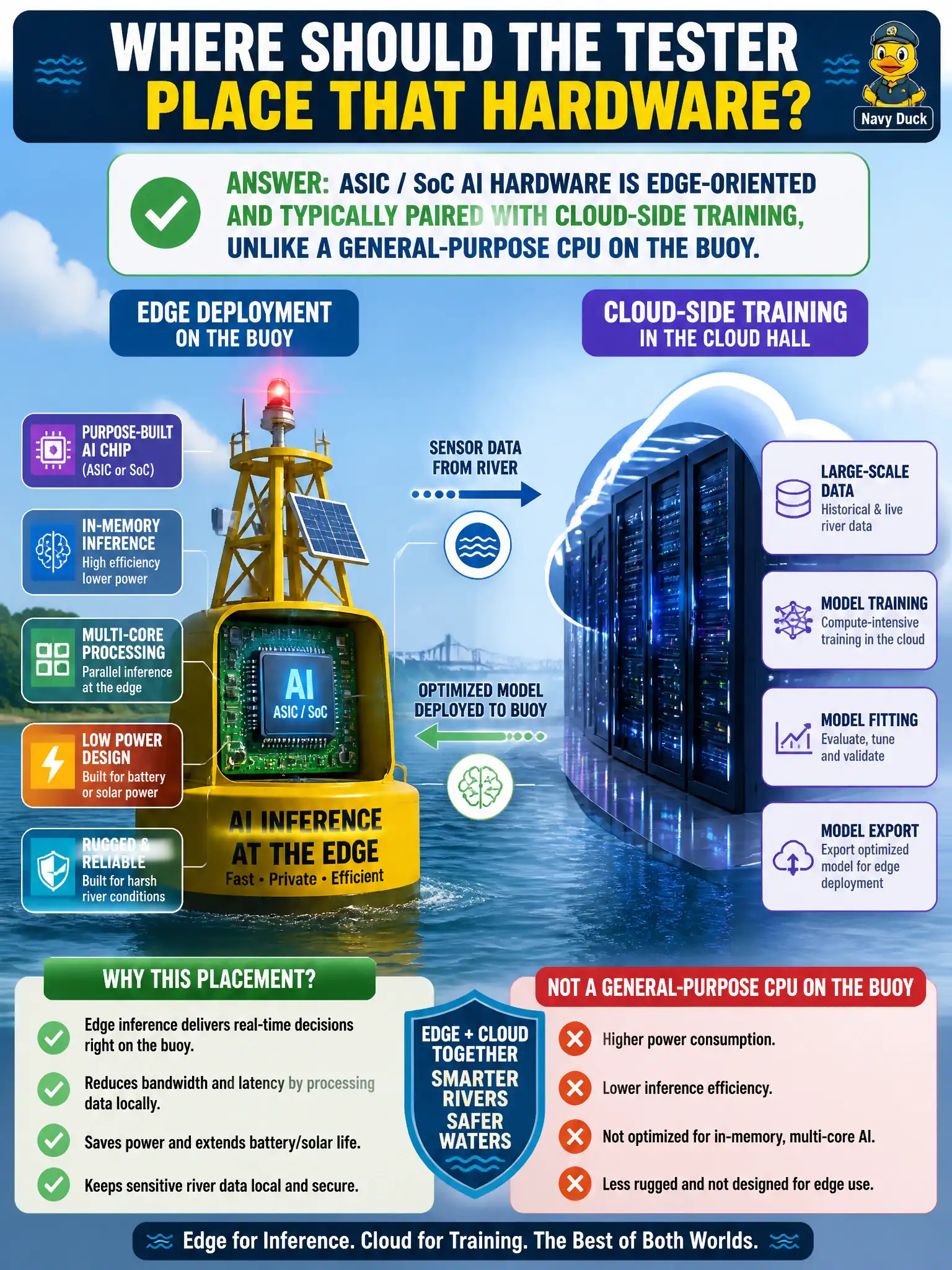 To Create an exciting colorful infographic that explains the concepts in the question: Question: A river buoy carries a purpose-built AI chip (an ASIC or system-on-chip) that does in-memory, multi-core inference, while the model itself was fitted in a cloud hall. How should the tester place that hardware? Correct Answer: ASIC / SoC AI hardware is edge-oriented and typically paired with cloud-side training, unlike a general-purpose CPU on the buoy. Put EVERY visible label in double quotes. No people. No A/B/C/D letters. In one of the four corners put a little "Navy Duck".