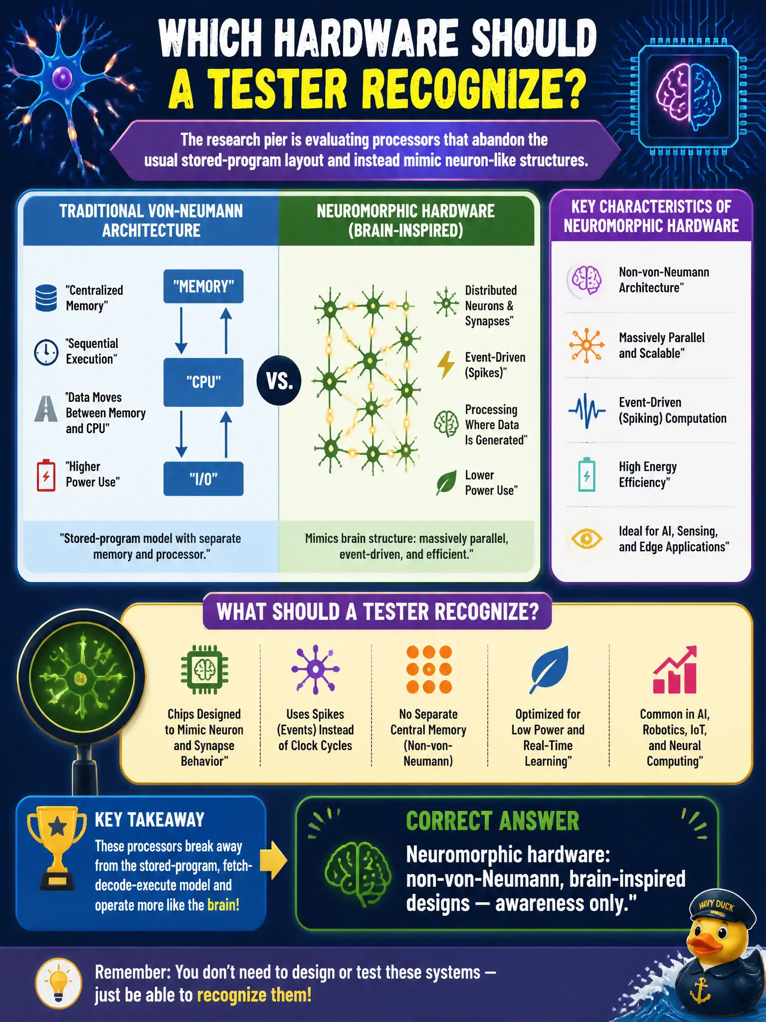 To Create an exciting colorful infographic that explains the concepts in the question: Question: A research pier is evaluating processors that abandon the usual stored-program layout and instead mimic neuron-like structures. Which hardware should a tester recognize? Correct Answer: Neuromorphic hardware: non-von-Neumann, brain-inspired designs — awareness only. Put EVERY visible label in double quotes. No people. No A/B/C/D letters. In one of the four corners put a little "Navy Duck".