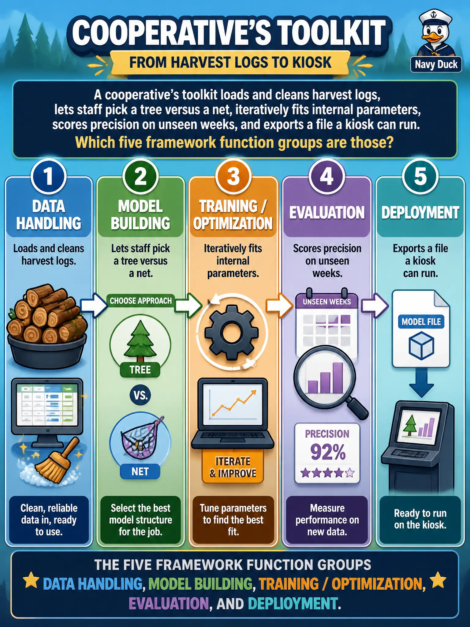 To Create an exciting colorful infographic that explains the concepts in the question: Question: A cooperative’s toolkit loads and cleans harvest logs, lets staff pick a tree versus a net, iteratively fits internal parameters, scores precision on unseen weeks, and exports a file a kiosk can run. Which five framework function groups are those? Correct Answer: Data handling, model building, training / optimization, evaluation, and deployment. Put EVERY visible label in double quotes. No people. No A/B/C/D letters. In one of the four corners put a little "Navy Duck".