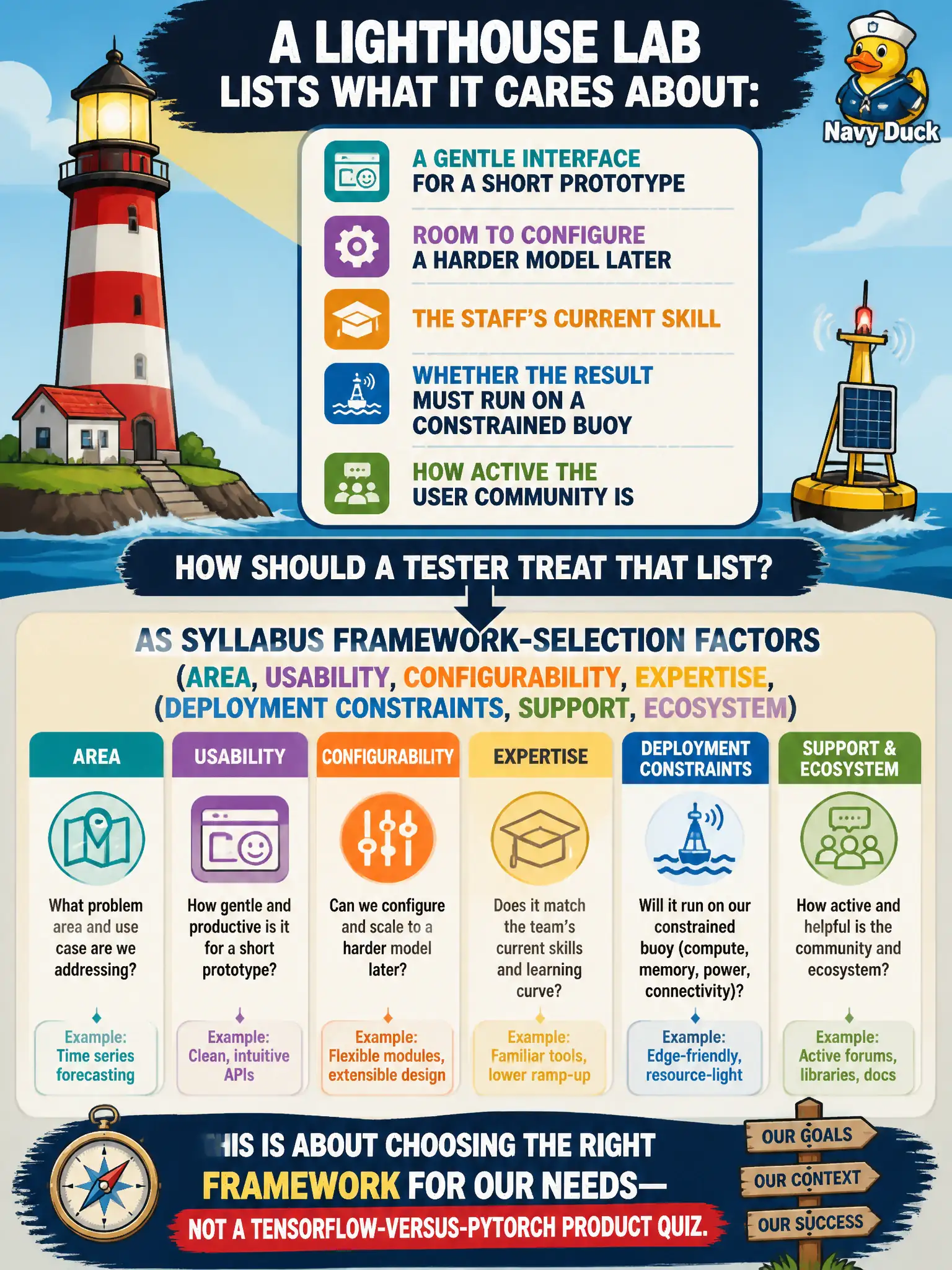To Create an exciting colorful infographic that explains the concepts in the question: Question: A lighthouse lab lists what it cares about: a gentle interface for a short prototype, room to configure a harder model later, the staff’s current skill, whether the result must run on a constrained buoy, and how active the user community is. How should a tester treat that list? Correct Answer: As syllabus framework-selection factors (area, usability, configurability, expertise, deployment constraints, support, ecosystem) — not a TensorFlow-versus-PyTorch product quiz. Put EVERY visible label in double quotes. No people. No A/B/C/D letters. In one of the four corners put a little "Navy Duck".