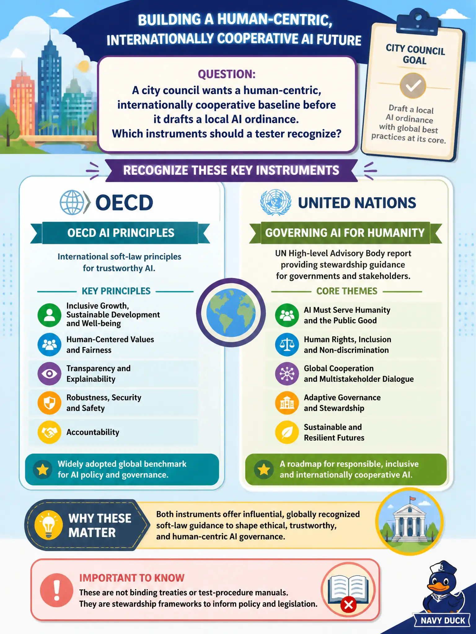 To Create an exciting colorful infographic that explains the concepts in the question: Question: A city council wants a human-centric, internationally cooperative baseline before it drafts a local AI ordinance. Which instruments should a tester recognize? Correct Answer: The OECD AI Principles and the UN report on Governing AI for Humanity — influential soft-law stewardship guidance, not binding test-procedure manuals. Put EVERY visible label in double quotes. No people. No A/B/C/D letters. In one of the four corners put a little "Navy Duck".