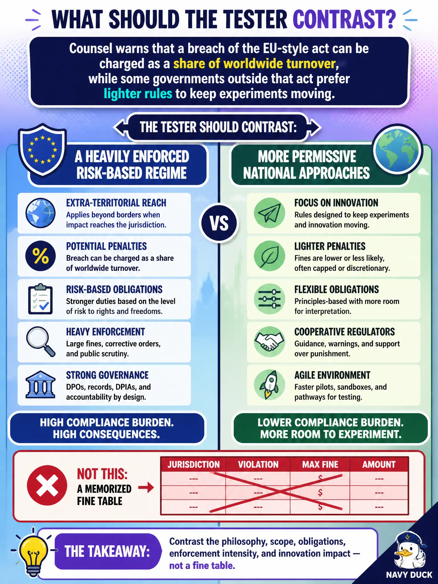 To Create an exciting colorful infographic that explains the concepts in the question: Question: Counsel warns that a breach of the EU-style act can be charged as a share of worldwide turnover, while some governments outside that act prefer lighter rules to keep experiments moving. What should the tester contrast? Correct Answer: A heavily enforced risk-based regime versus more permissive national approaches — not a memorized fine table. Put EVERY visible label in double quotes. No people. No A/B/C/D letters. In one of the four corners put a little "Navy Duck".