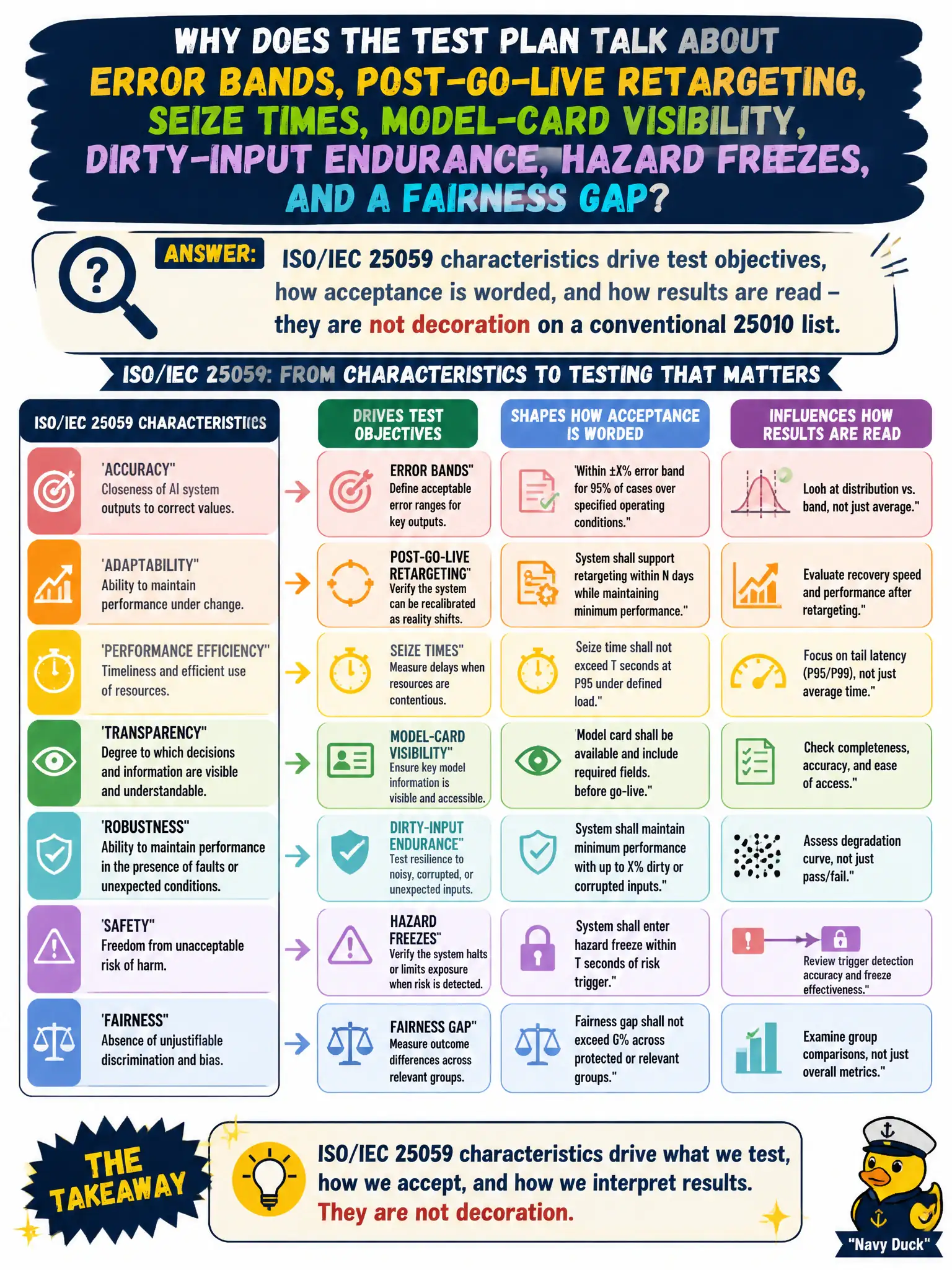 To Create an exciting colorful infographic that explains the concepts in the question: Question: A rare-book lab asks why the test plan now talks about error bands, post-go-live retargeting, seize times, model-card visibility, dirty-input endurance, hazard freezes, and a fairness gap. What should the tester see? Correct Answer: ISO/IEC 25059 characteristics drive test objectives, how acceptance is worded, and how results are read — they are not decoration on a conventional 25010 list. Put EVERY visible label in double quotes. No people. No A/B/C/D letters. In one of the four corners put a little "Navy Duck".