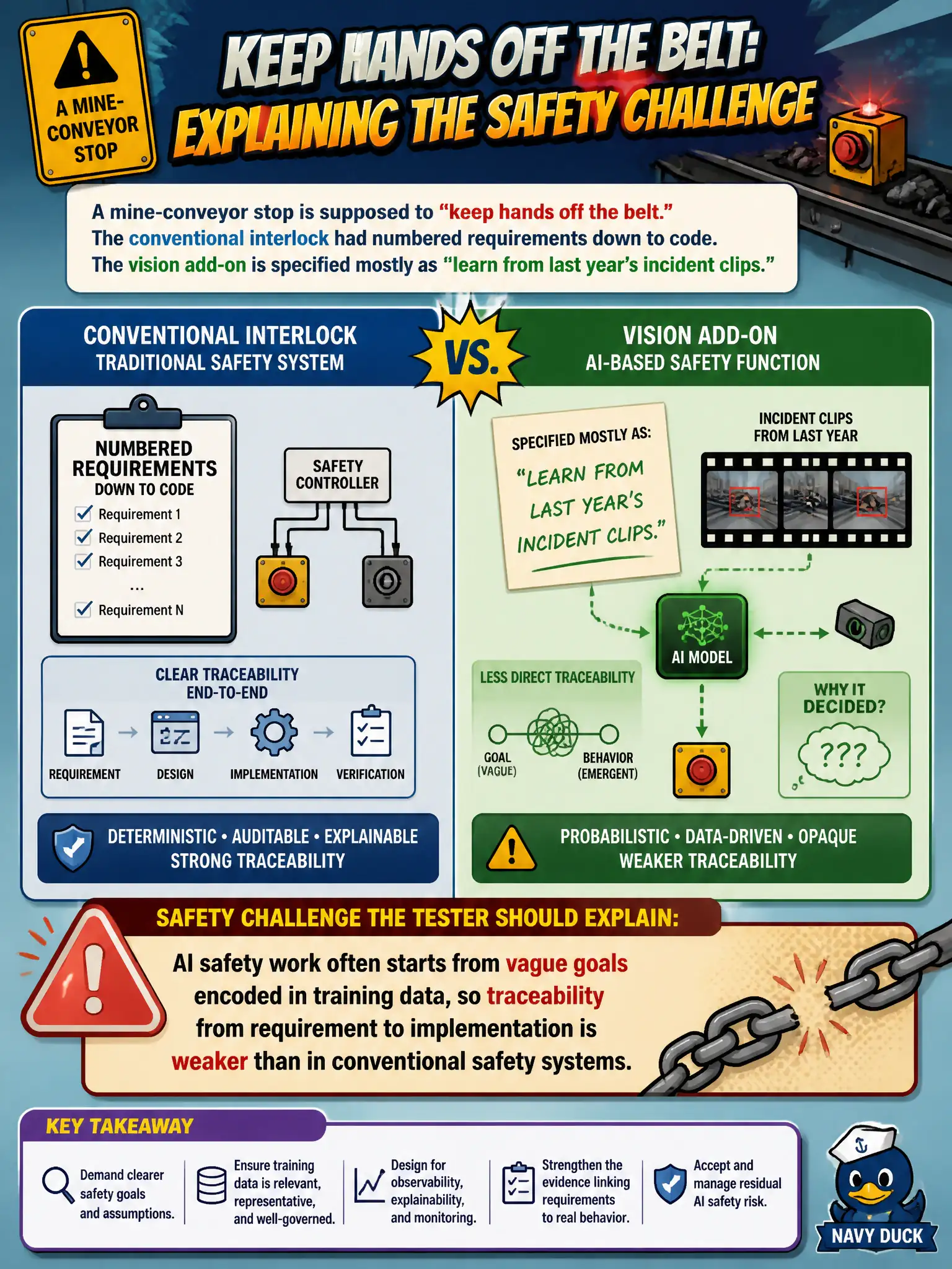 To Create an exciting colorful infographic that explains the concepts in the question: Question: A mine-conveyor stop is supposed to “keep hands off the belt.” The conventional interlock had numbered requirements down to code. The vision add-on is specified mostly as “learn from last year’s incident clips.” What safety challenge should the tester explain? Correct Answer: AI safety work often starts from vague goals encoded in training data, so traceability from requirement to implementation is weaker than in conventional safety systems. Put EVERY visible label in double quotes. No people. No A/B/C/D letters. In one of the four corners put a little "Navy Duck".