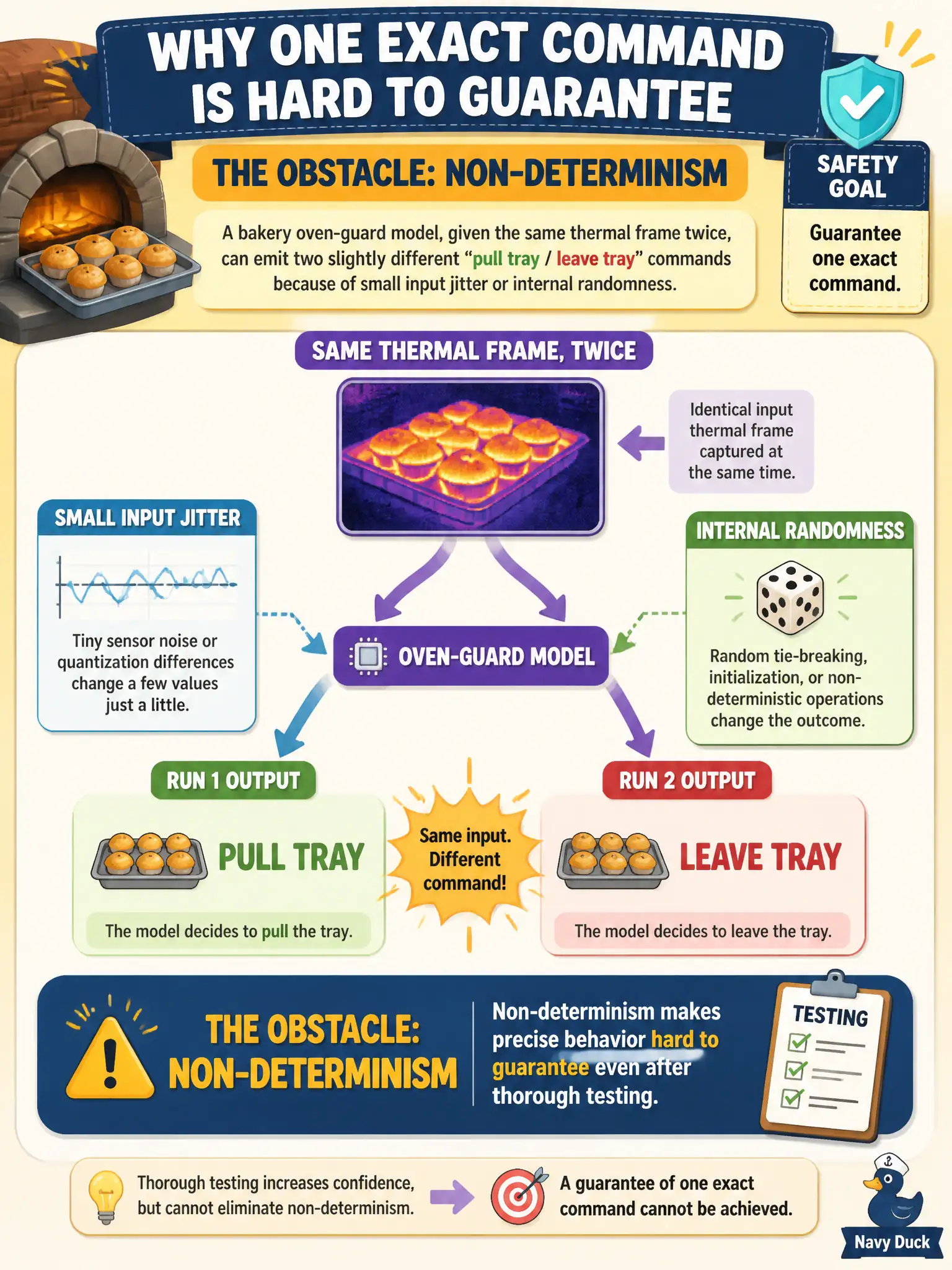 To Create an exciting colorful infographic that explains the concepts in the question: Question: A bakery oven-guard model, given the same thermal frame twice, can emit two slightly different “pull tray / leave tray” commands because of small input jitter or internal randomness. A safety assessor wants a guarantee of one exact command. What obstacle should the tester explain? Correct Answer: Non-determinism makes precise behavior hard to guarantee even after thorough testing. Put EVERY visible label in double quotes. No people. No A/B/C/D letters. In one of the four corners put a little "Navy Duck".