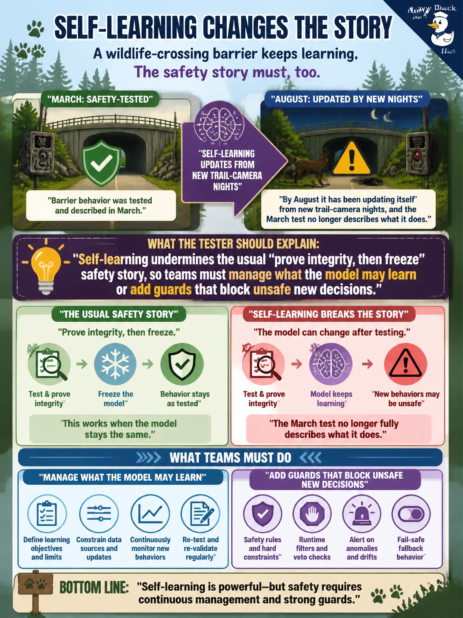 To Create an exciting colorful infographic that explains the concepts in the question: Question: A wildlife-crossing barrier was safety-tested in March. By August it has been updating itself from new trail-camera nights, and the March test no longer describes what it does. What should the tester explain? Correct Answer: Self-learning undermines the usual “prove integrity, then freeze” safety story, so teams must manage what the model may learn or add guards that block unsafe new decisions. Put EVERY visible label in double quotes. No people. No A/B/C/D letters. In one of the four corners put a little "Navy Duck".