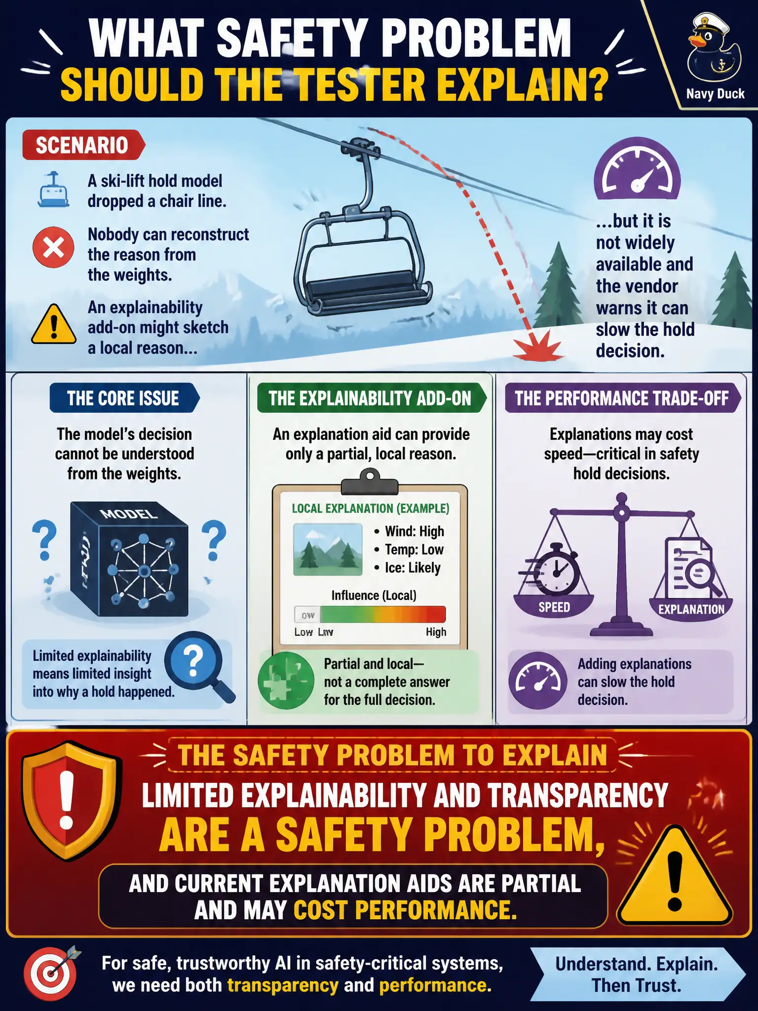 To Create an exciting colorful infographic that explains the concepts in the question: Question: A ski-lift hold model dropped a chair line and nobody can reconstruct the reason from the weights. An explainability add-on might sketch a local reason, but it is not widely available and the vendor warns it can slow the hold decision. What safety problem should the tester explain? Correct Answer: Limited explainability and transparency are a safety problem, and current explanation aids are partial and may cost performance. Put EVERY visible label in double quotes. No people. No A/B/C/D letters. In one of the four corners put a little "Navy Duck".