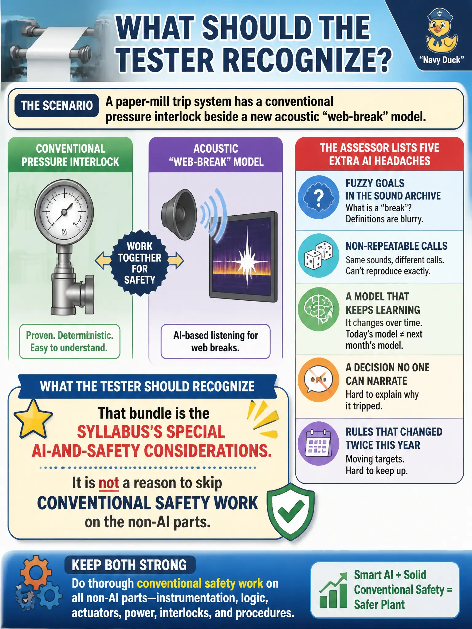 To Create an exciting colorful infographic that explains the concepts in the question: Question: A paper-mill trip system has a conventional pressure interlock beside a new acoustic “web-break” model. The assessor lists five extra AI headaches: fuzzy goals in the sound archive, non-repeatable calls, a model that keeps learning, a decision no one can narrate, and rules that changed twice this year. What should the tester recognize? Correct Answer: That bundle is the syllabus’s special AI-and-safety considerations. It is not a reason to skip conventional safety work on the non-AI parts. Put EVERY visible label in double quotes. No people. No A/B/C/D letters. In one of the four corners put a little "Navy Duck".
