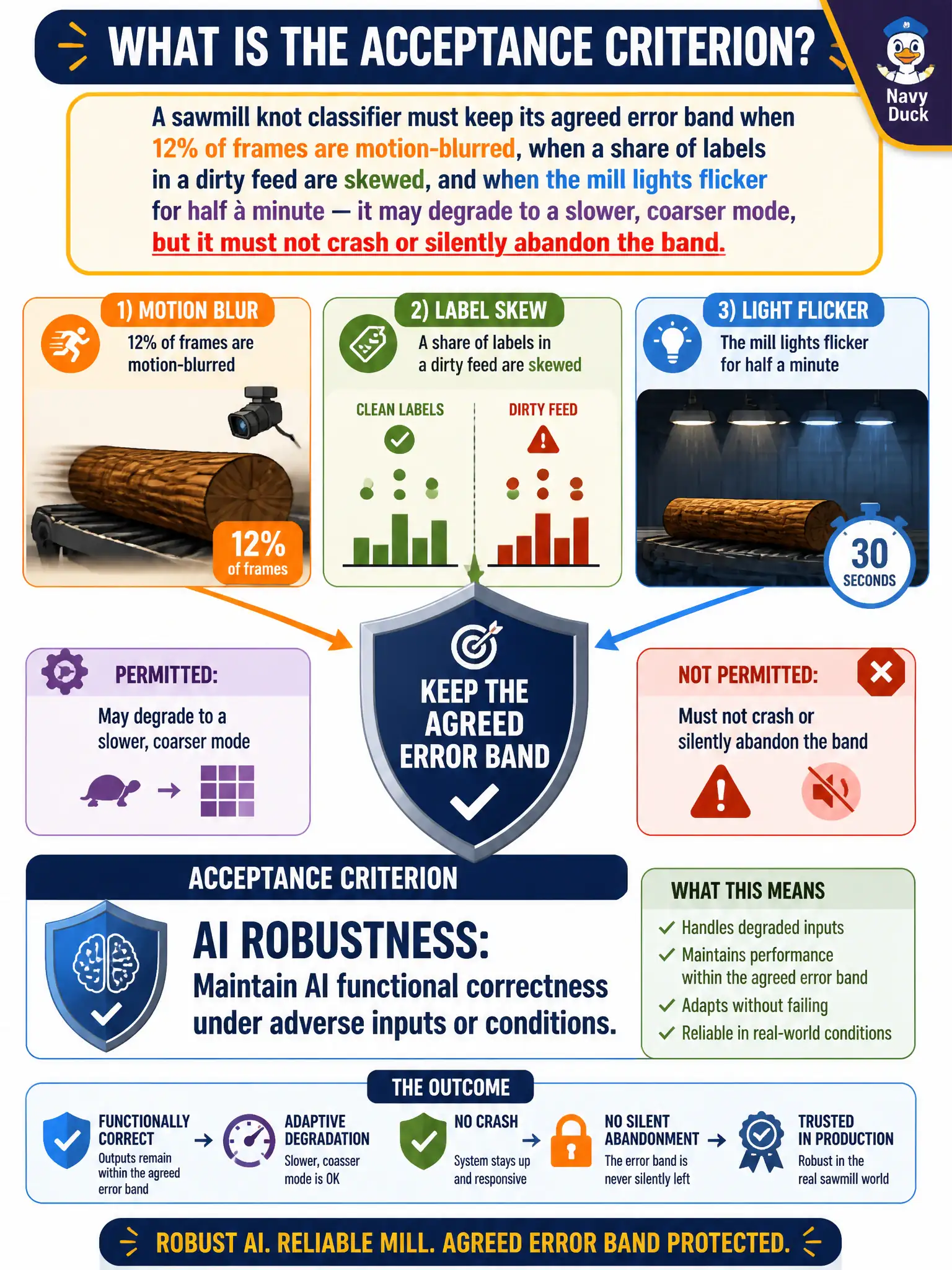 To Create an exciting colorful infographic that explains the concepts in the question: Question: A sawmill knot classifier must keep its agreed error band when 12% of frames are motion-blurred, when a share of labels in a dirty feed are skewed, and when the mill lights flicker for half a minute — it may degrade to a slower, coarser mode, but it must not crash or silently abandon the band. What acceptance criterion is that? Correct Answer: AI robustness: maintain AI functional correctness under adverse inputs or conditions. Put EVERY visible label in double quotes. No people. No A/B/C/D letters. In one of the four corners put a little "Navy Duck".