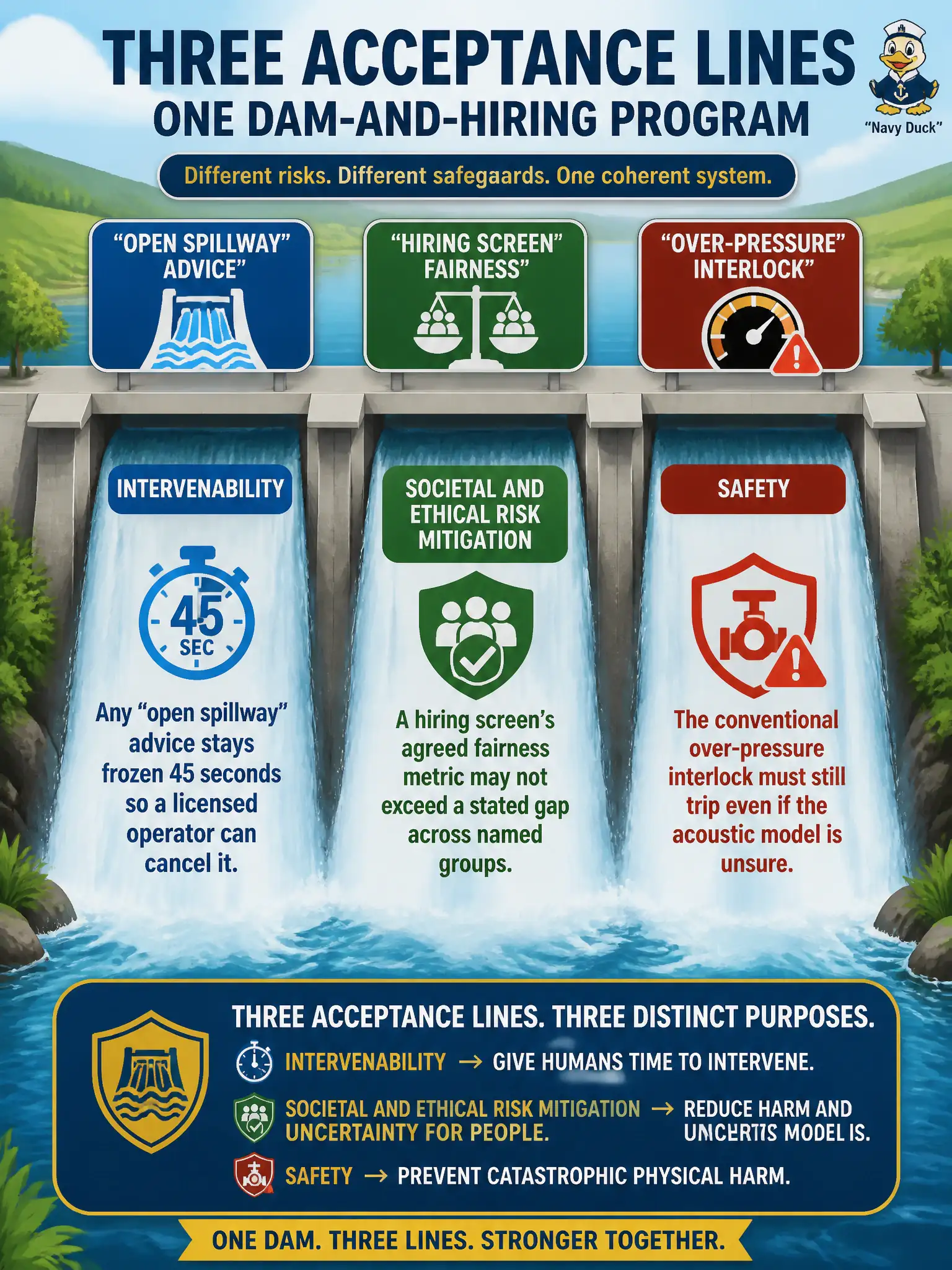 To Create an exciting colorful infographic that explains the concepts in the question: Question: Three acceptance lines sit on one dam-and-hiring program: any “open spillway” advice stays frozen 45 seconds so a licensed operator can cancel it; a hiring screen’s agreed fairness metric may not exceed a stated gap across named groups; the conventional over-pressure interlock must still trip even if the acoustic model is unsure. How should those three be mapped? Correct Answer: Intervenability, societal and ethical risk mitigation, and safety — three distinct acceptance examples, not copies of a syllabus table’s numbers. Put EVERY visible label in double quotes. No people. No A/B/C/D letters. In one of the four corners put a little "Navy Duck".