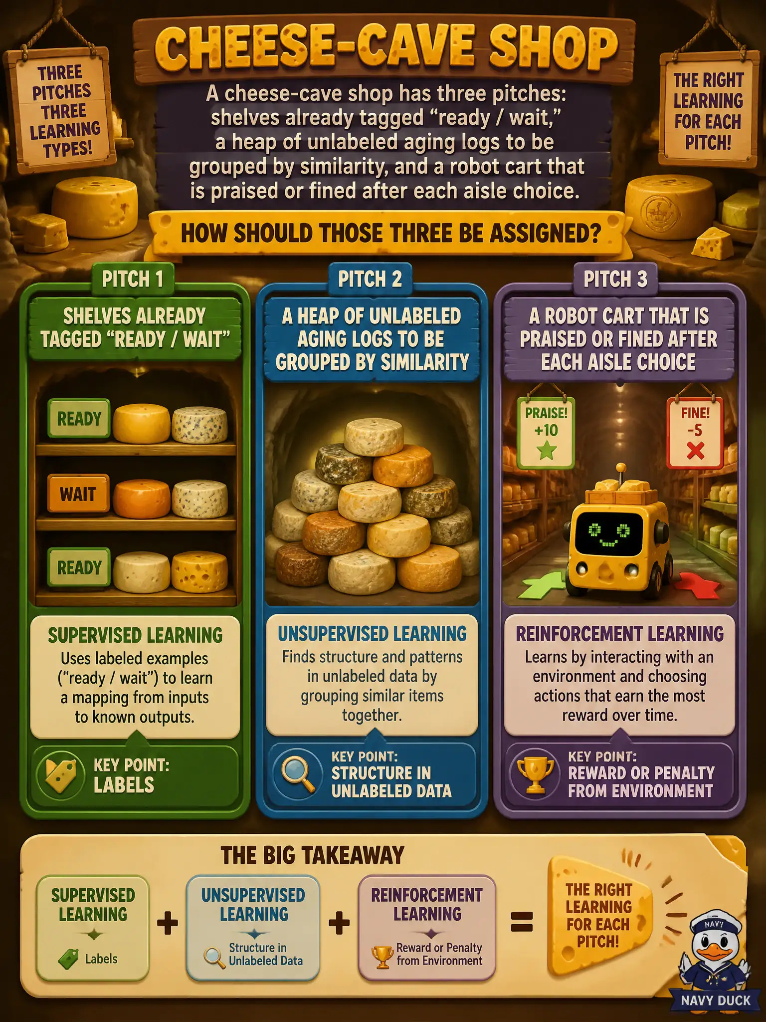 To Create an exciting colorful infographic that explains the concepts in the question: Question: A cheese-cave shop has three pitches: shelves already tagged “ready / wait,” a heap of unlabeled aging logs to be grouped by similarity, and a robot cart that is praised or fined after each aisle choice. How should those three be assigned? Correct Answer: Supervised, unsupervised, and reinforcement learning, distinguished by labels, structure in unlabeled data, and a reward or penalty from an environment. Put EVERY visible label in double quotes. No people. No A/B/C/D letters. In one of the four corners put a little "Navy Duck".
