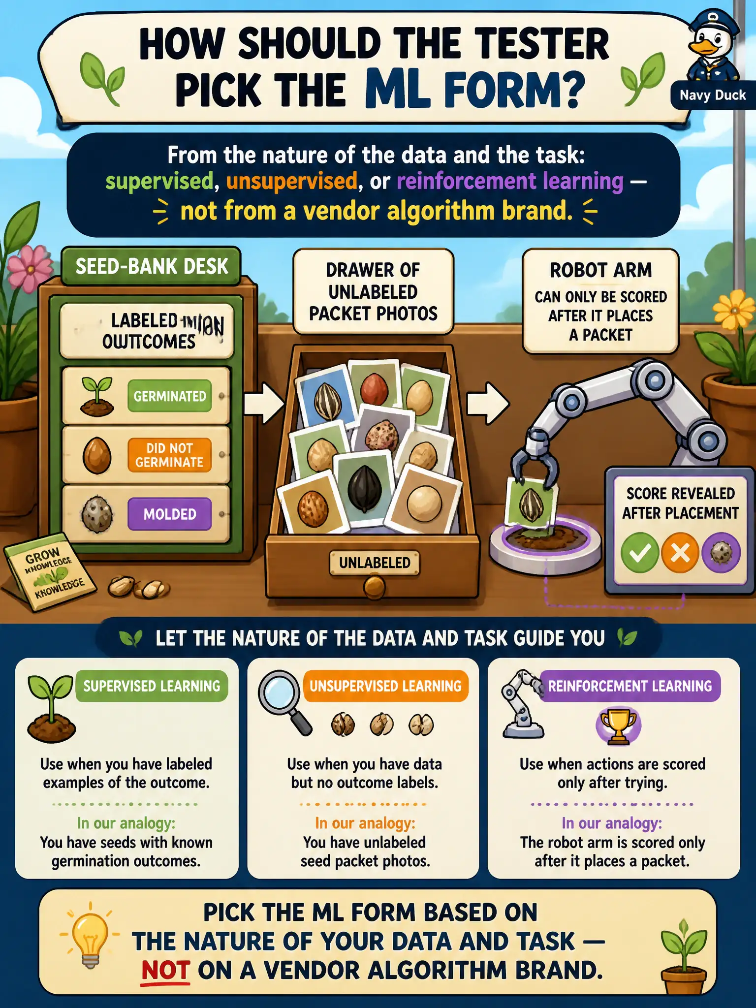 To Create an exciting colorful infographic that explains the concepts in the question: Question: A seed-bank desk has labeled germination outcomes, a drawer of unlabeled packet photos, and a robot arm that can only be scored after it places a packet. How should the tester pick the ML form? Correct Answer: From the nature of the data and the task: supervised, unsupervised, or reinforcement learning — not from a vendor algorithm brand. Put EVERY visible label in double quotes. No people. No A/B/C/D letters. In one of the four corners put a little "Navy Duck".