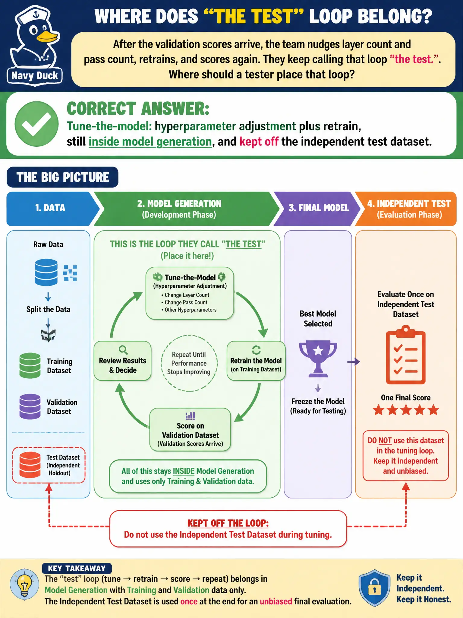 To Create an exciting colorful infographic that explains the concepts in the question: Question: After the validation scores arrive, the team nudges layer count and pass count, retrains, and scores again. They keep calling that loop “the test.” Where should a tester place that loop? Correct Answer: Tune-the-model: hyperparameter adjustment plus retrain, still inside model generation, and kept off the independent test dataset. Put EVERY visible label in double quotes. No people. No A/B/C/D letters. In one of the four corners put a little "Navy Duck".