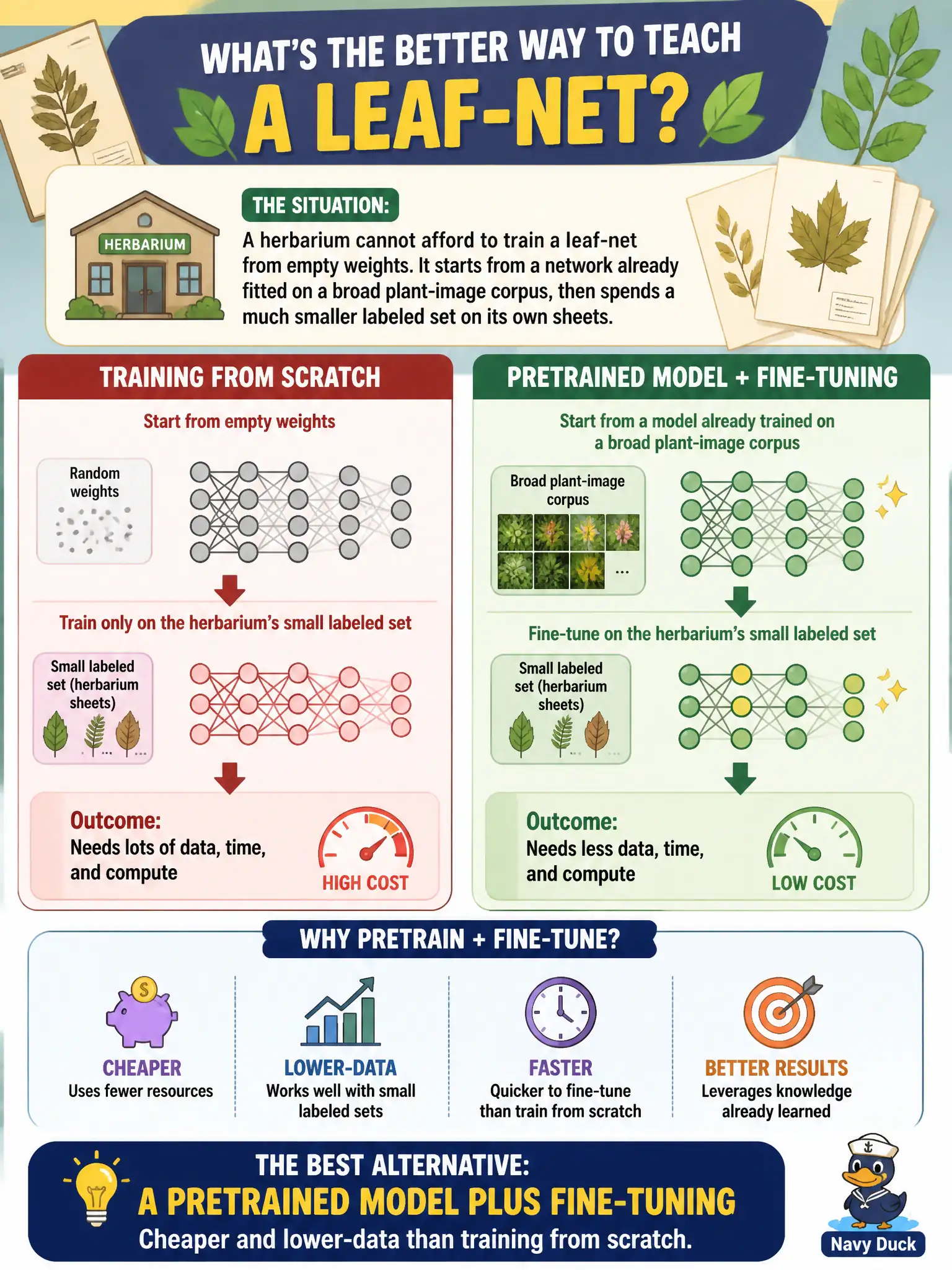 To Create an exciting colorful infographic that explains the concepts in the question: Question: A herbarium cannot afford to train a leaf-net from empty weights. It starts from a network already fitted on a broad plant-image corpus, then spends a much smaller labeled set on its own sheets. What alternative should the tester summarize? Correct Answer: A pretrained model plus fine-tuning: cheaper and lower-data than training from scratch. Put EVERY visible label in double quotes. No people. No A/B/C/D letters. In one of the four corners put a little "Navy Duck".