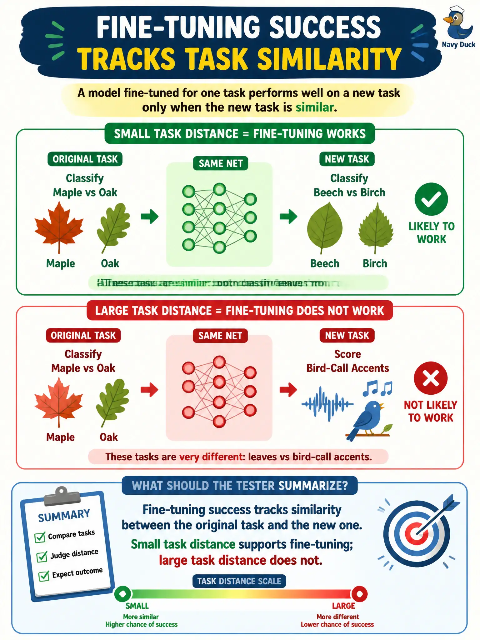To Create an exciting colorful infographic that explains the concepts in the question: Question: Adapting a “maple-leaf vs oak-leaf” net to “beech vs birch” is likely to work. Asking that same net to score recorded bird-call accents is not. What should the tester summarize? Correct Answer: Fine-tuning success tracks similarity between the original task and the new one. Small task distance supports fine-tuning; large distance does not. Put EVERY visible label in double quotes. No people. No A/B/C/D letters. In one of the four corners put a little "Navy Duck".