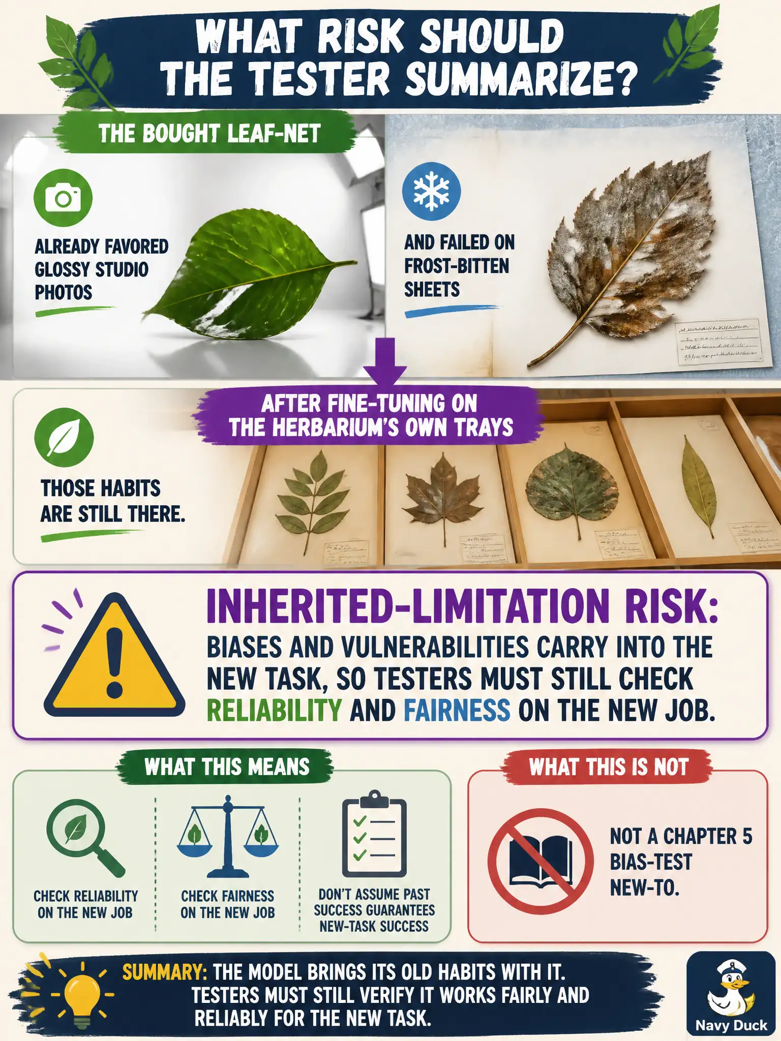 To Create an exciting colorful infographic that explains the concepts in the question: Question: The bought leaf-net already favored glossy studio photos and failed on frost-bitten sheets. After fine-tuning on the herbarium’s own trays, those habits are still there. What risk should the tester summarize? Correct Answer: Inherited-limitation risk: biases and vulnerabilities carry into the new task, so testers must still check reliability and fairness on the new job. Not a Chapter 5 bias-test how-to. Put EVERY visible label in double quotes. No people. No A/B/C/D letters. In one of the four corners put a little "Navy Duck".
