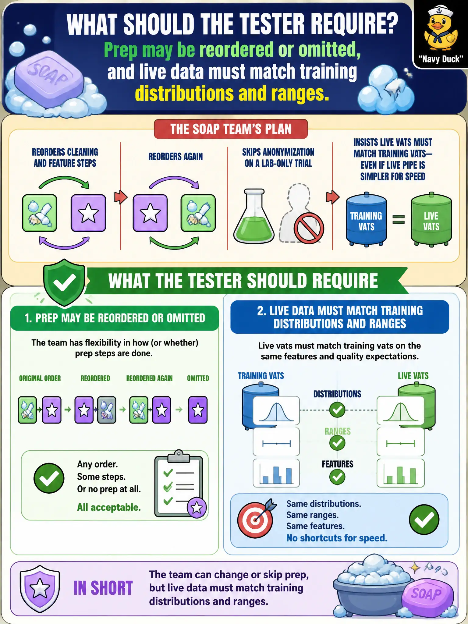 To Create an exciting colorful infographic that explains the concepts in the question: Question: The soap team reorders cleaning and feature steps twice, skips anonymization on a lab-only trial, then insists the live vats must show the same distributions and ranges as the training vats — even if the live pipe is simpler for speed. What should the tester require? Correct Answer: Prep may be reordered or omitted, and live data must match training distributions and ranges. Put EVERY visible label in double quotes. No people. No A/B/C/D letters. In one of the four corners put a little "Navy Duck".