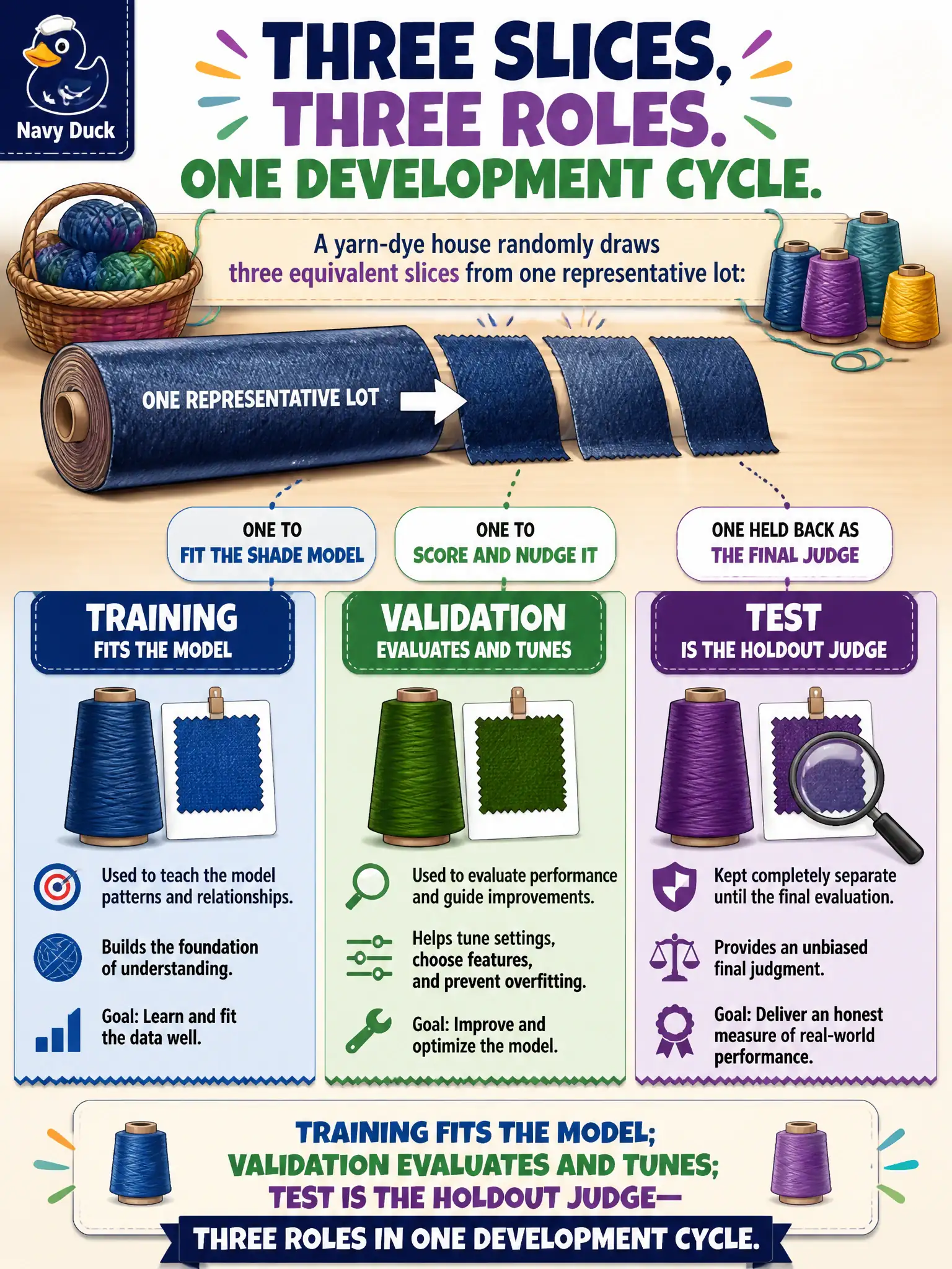 To Create an exciting colorful infographic that explains the concepts in the question: Question: A yarn-dye house randomly draws three equivalent slices from one representative lot: one to fit the shade model, one to score and nudge it, one held back as the final judge. How should those slices be contrasted? Correct Answer: Training fits the model; validation evaluates and tunes; test is the holdout judge — three roles in one development cycle. Put EVERY visible label in double quotes. No people. No A/B/C/D letters. In one of the four corners put a little "Navy Duck".