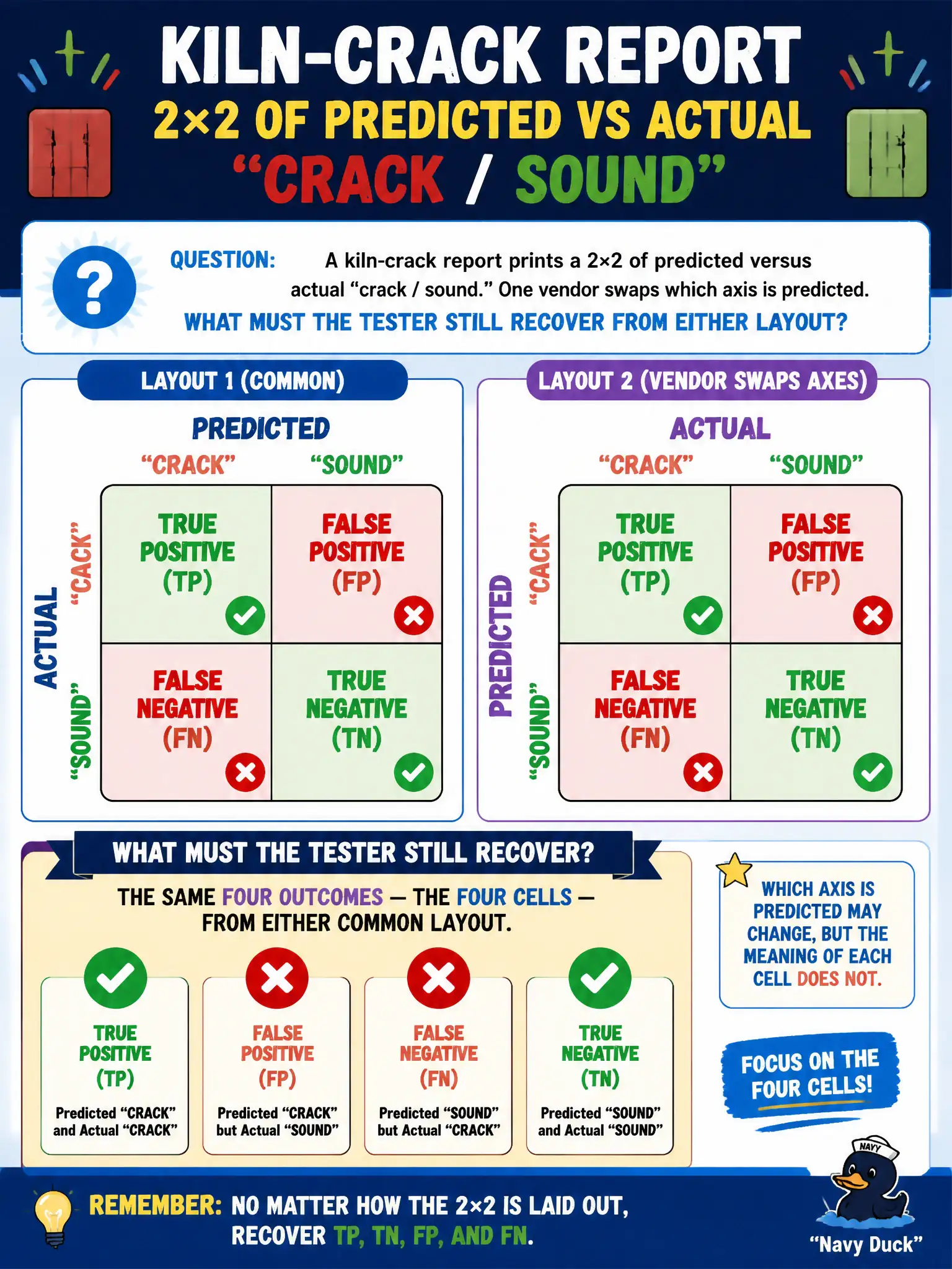 To Create an exciting colorful infographic that explains the concepts in the question: Question: A kiln-crack report prints a 2×2 of predicted versus actual “crack / sound.” One vendor swaps which axis is predicted. What must the tester still recover from either layout? Correct Answer: True positive, true negative, false positive, and false negative — the four cells — from either common layout. Put EVERY visible label in double quotes. No people. No A/B/C/D letters. In one of the four corners put a little "Navy Duck".