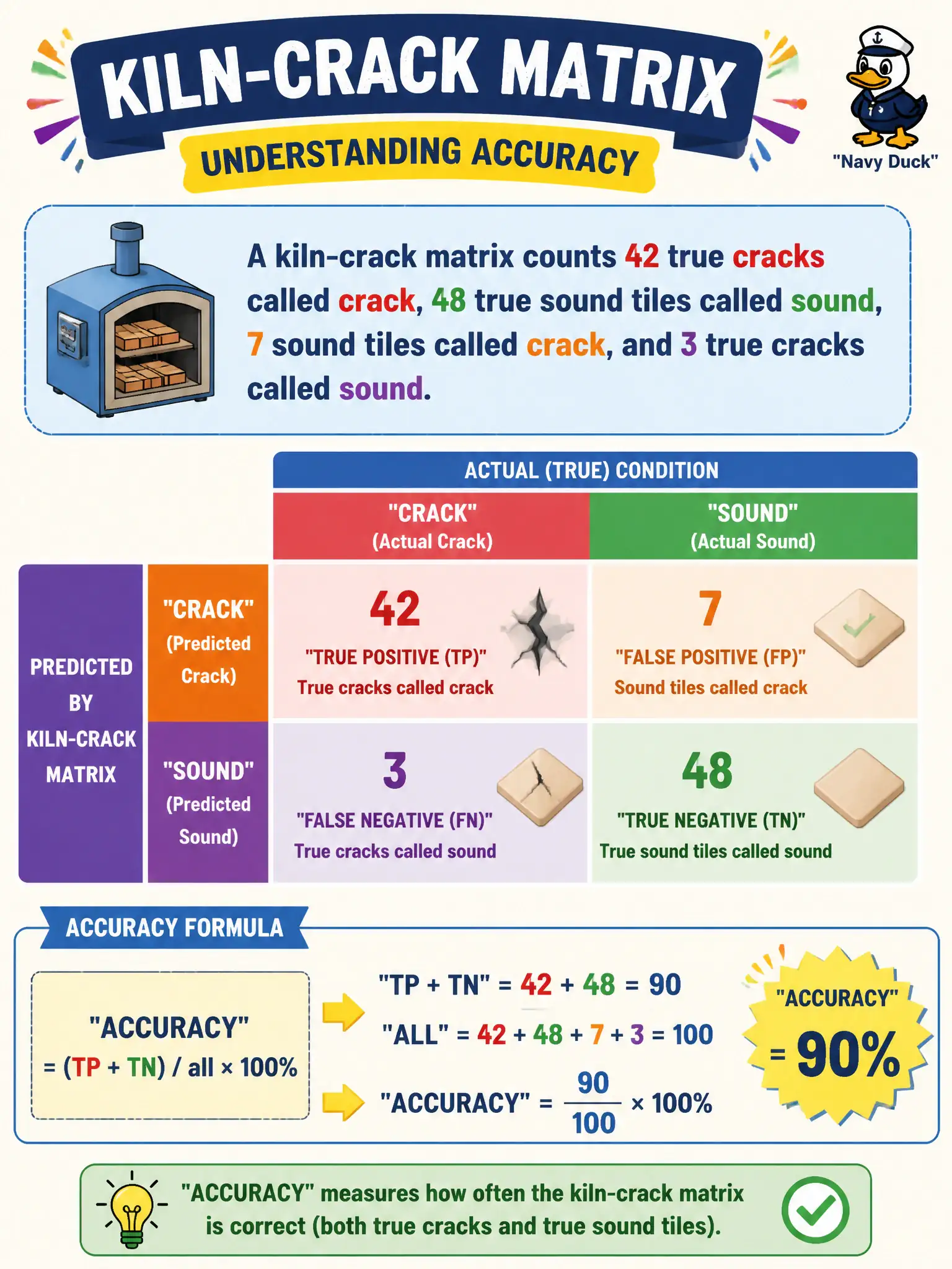 To Create an exciting colorful infographic that explains the concepts in the question: Question: A kiln-crack matrix counts 42 true cracks called crack, 48 true sound tiles called sound, 7 sound tiles called crack, and 3 true cracks called sound. What is accuracy as (TP + TN) / all × 100%? Correct Answer: 90% Put EVERY visible label in double quotes. No people. No A/B/C/D letters. In one of the four corners put a little "Navy Duck".