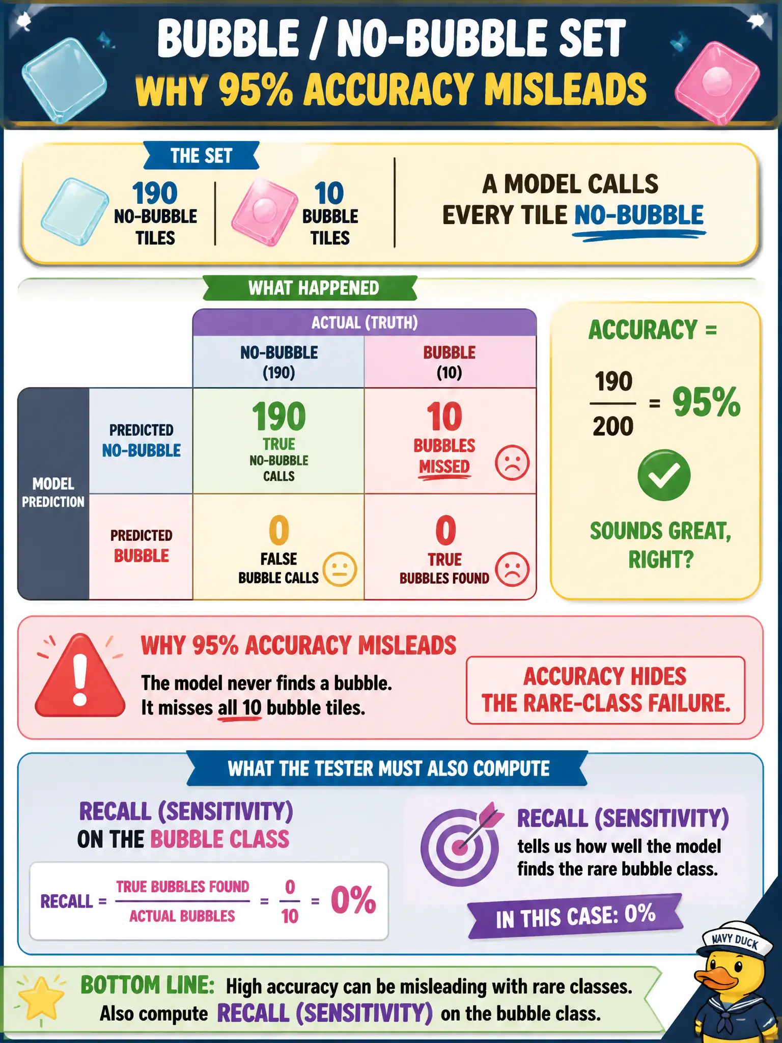 To Create an exciting colorful infographic that explains the concepts in the question: Question: A glass-studio “bubble / no-bubble” set is 190 no-bubble tiles and 10 bubble tiles. A model calls every tile no-bubble: 0 true bubbles found, 10 bubbles missed, 0 false bubble calls, 190 true no-bubble calls. Why does 95% accuracy mislead, and which named metric should the tester also compute? Correct Answer: Accuracy hides the rare-class failure. Recall (sensitivity) on the bubble class is 0% and must also be computed. Do not invent AUC, ROC, or specificity. Put EVERY visible label in double quotes. No people. No A/B/C/D letters. In one of the four corners put a little "Navy Duck".