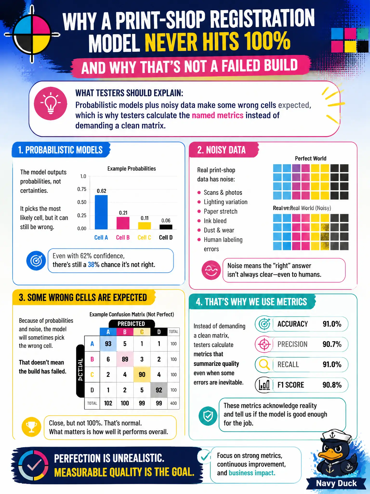 To Create an exciting colorful infographic that explains the concepts in the question: Question: A print-shop registration model never hits 100% on accuracy, precision, recall, or F1. Stakeholders treat that as a failed build. What should the tester explain? Correct Answer: Probabilistic models plus noisy data make some wrong cells expected, which is why testers calculate the named metrics instead of demanding a clean matrix. Put EVERY visible label in double quotes. No people. No A/B/C/D letters. In one of the four corners put a little "Navy Duck".