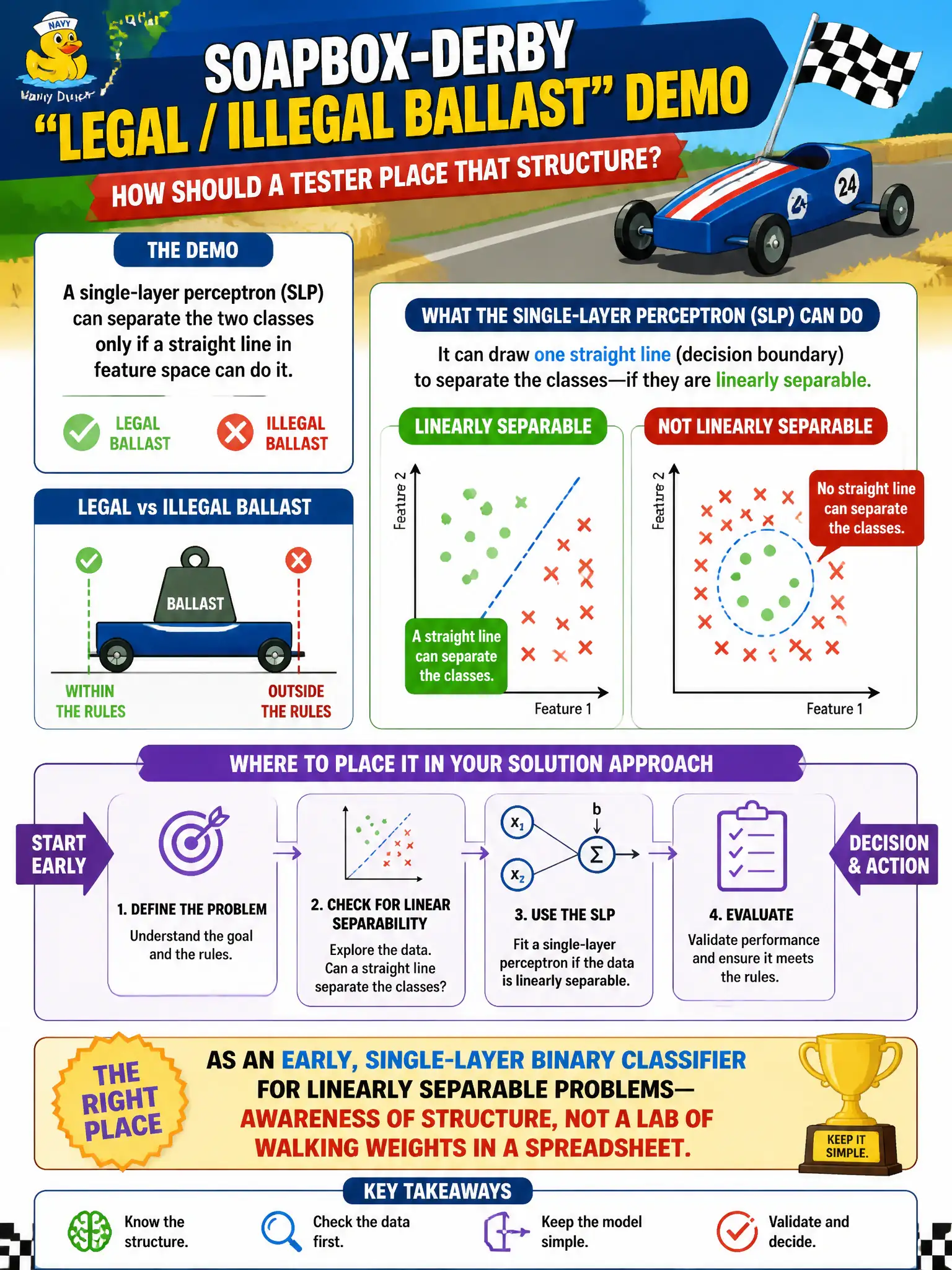 To Create an exciting colorful infographic that explains the concepts in the question: Question: A soapbox-derby “legal / illegal ballast” demo uses a single-layer perceptron that can separate the two classes only if a straight line in feature space can do it. How should a tester place that structure? Correct Answer: As an early, single-layer binary classifier for linearly separable problems — awareness of structure, not a lab of walking weights in a spreadsheet. Put EVERY visible label in double quotes. No people. No A/B/C/D letters. In one of the four corners put a little "Navy Duck".