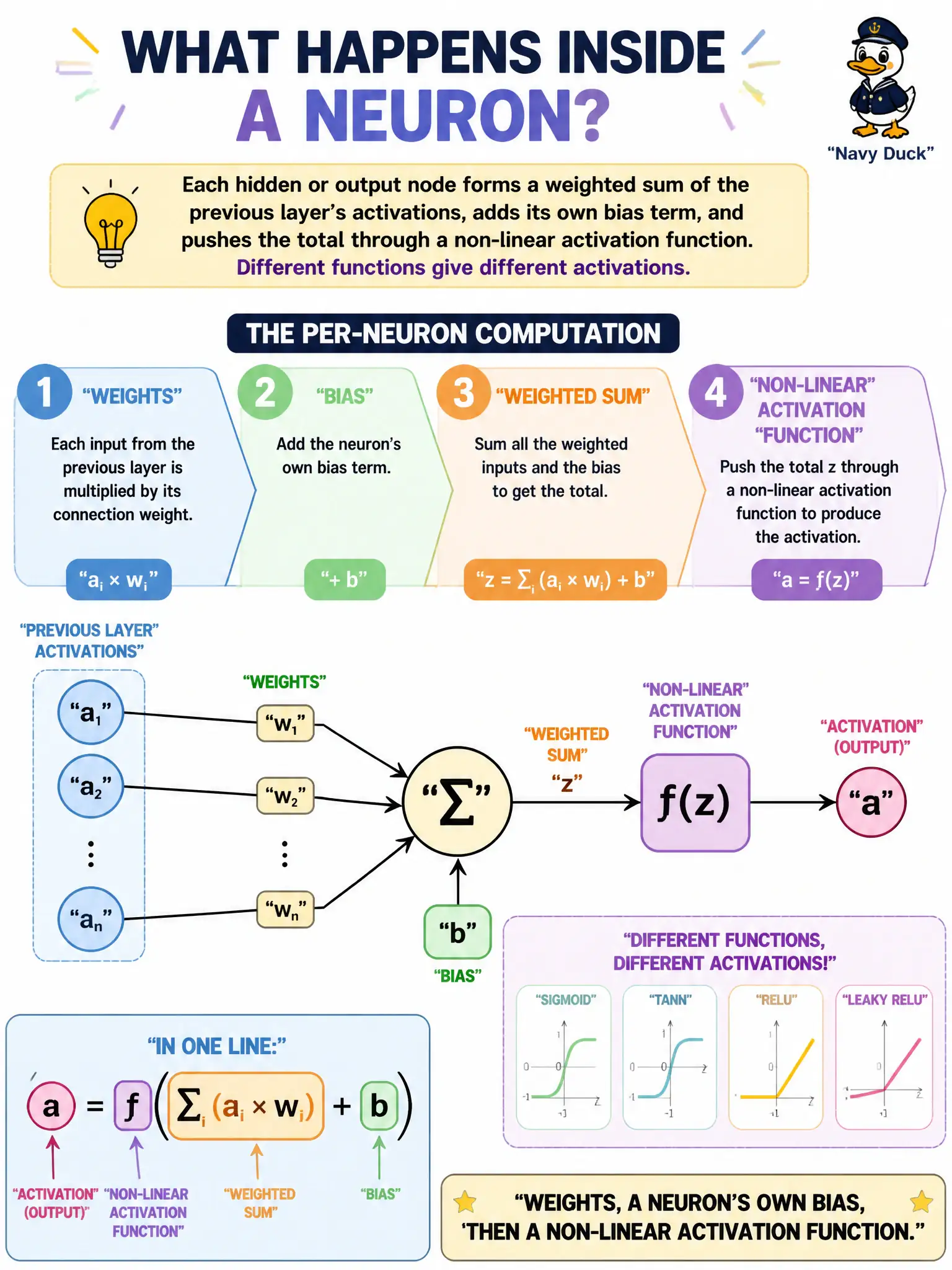 To Create an exciting colorful infographic that explains the concepts in the question: Question: Each hidden or output node forms a weighted sum of the previous layer’s activations, adds its own bias term, and pushes the total through a non-linear activation function. Different functions give different activations. What per-neuron computation should the tester recount? Correct Answer: Weights, a neuron’s own bias, then a non-linear activation function. Put EVERY visible label in double quotes. No people. No A/B/C/D letters. In one of the four corners put a little "Navy Duck".