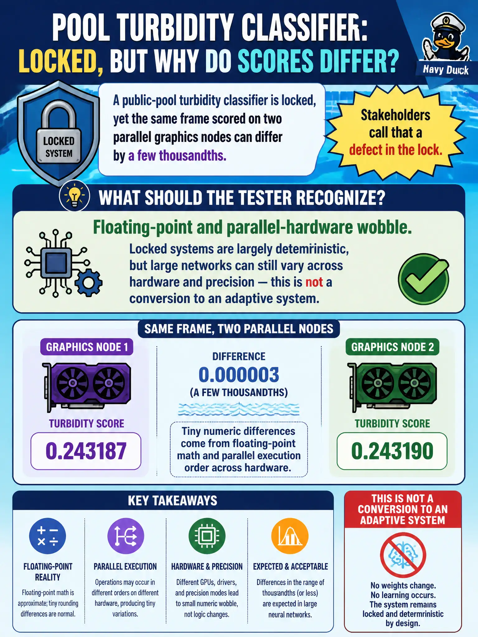 To Create an exciting colorful infographic that explains the concepts in the question: Question: A public-pool turbidity classifier is locked, yet the same frame scored on two parallel graphics nodes can differ by a few thousandths. Stakeholders call that a defect in the lock. What should the tester recognize? Correct Answer: Floating-point and parallel-hardware wobble. Locked systems are largely deterministic, but large networks can still vary across hardware and precision — this is not a conversion to an adaptive system. Put EVERY visible label in double quotes. No people. No A/B/C/D letters. In one of the four corners put a little "Navy Duck".