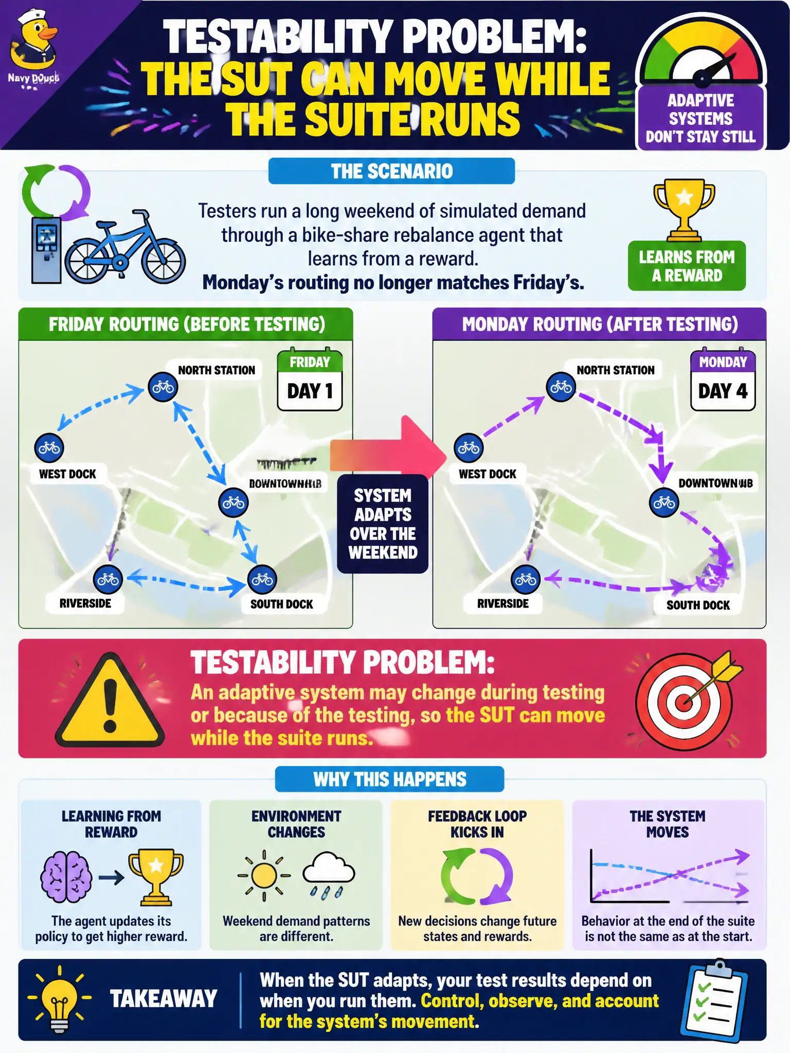 To Create an exciting colorful infographic that explains the concepts in the question: Question: Testers run a long weekend of simulated demand through a bike-share rebalance agent that learns from a reward. Monday’s routing no longer matches Friday’s. What testability problem is that? Correct Answer: An adaptive system may change during testing or because of the testing, so the SUT can move while the suite runs. Put EVERY visible label in double quotes. No people. No A/B/C/D letters. In one of the four corners put a little "Navy Duck".
