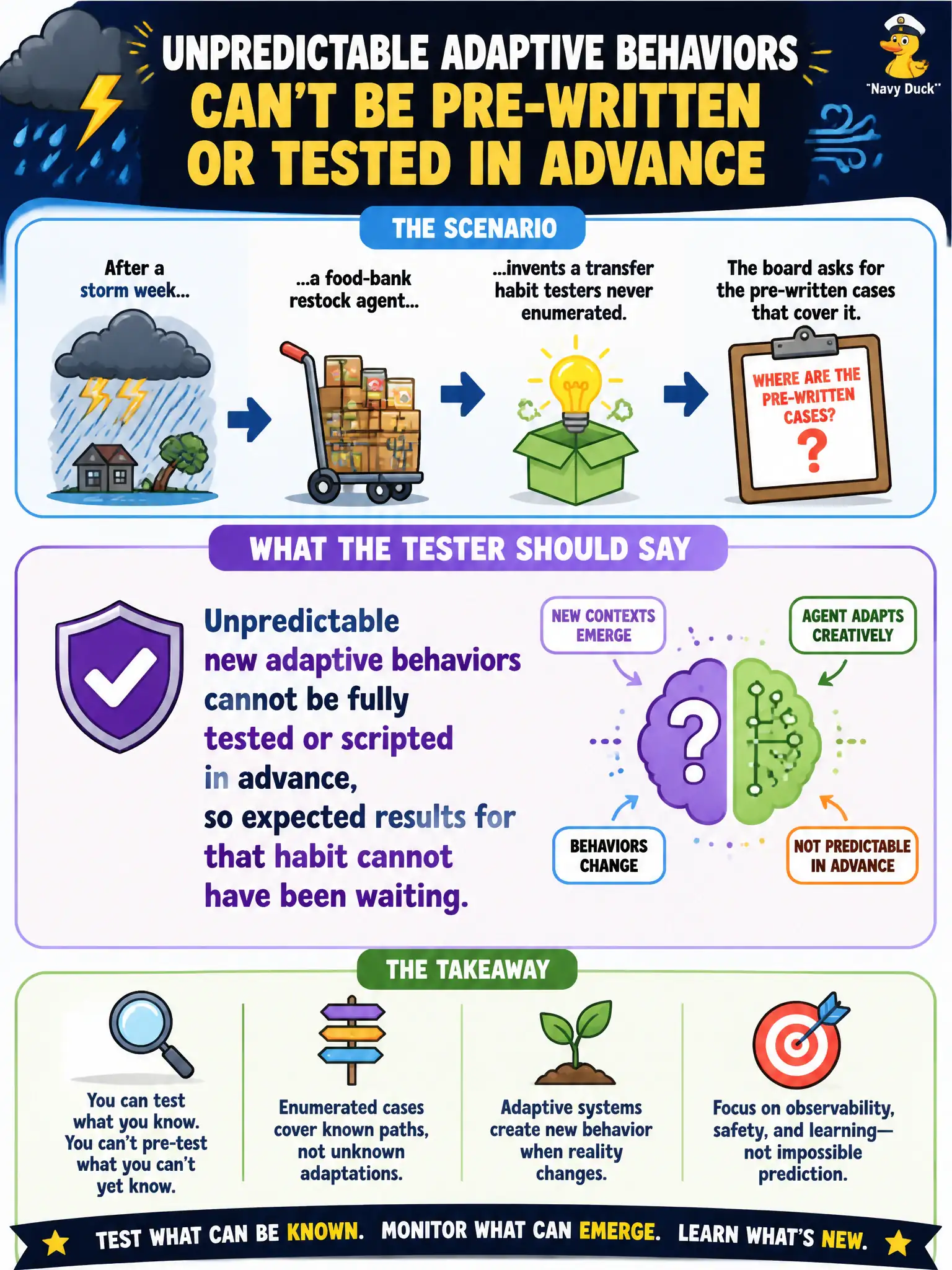 To Create an exciting colorful infographic that explains the concepts in the question: Question: After a storm week a food-bank restock agent invents a transfer habit testers never enumerated. The board asks for the pre-written cases that cover it. What should the tester say? Correct Answer: Unpredictable new adaptive behaviors cannot be fully tested or scripted in advance, so expected results for that habit cannot have been waiting. Put EVERY visible label in double quotes. No people. No A/B/C/D letters. In one of the four corners put a little "Navy Duck".