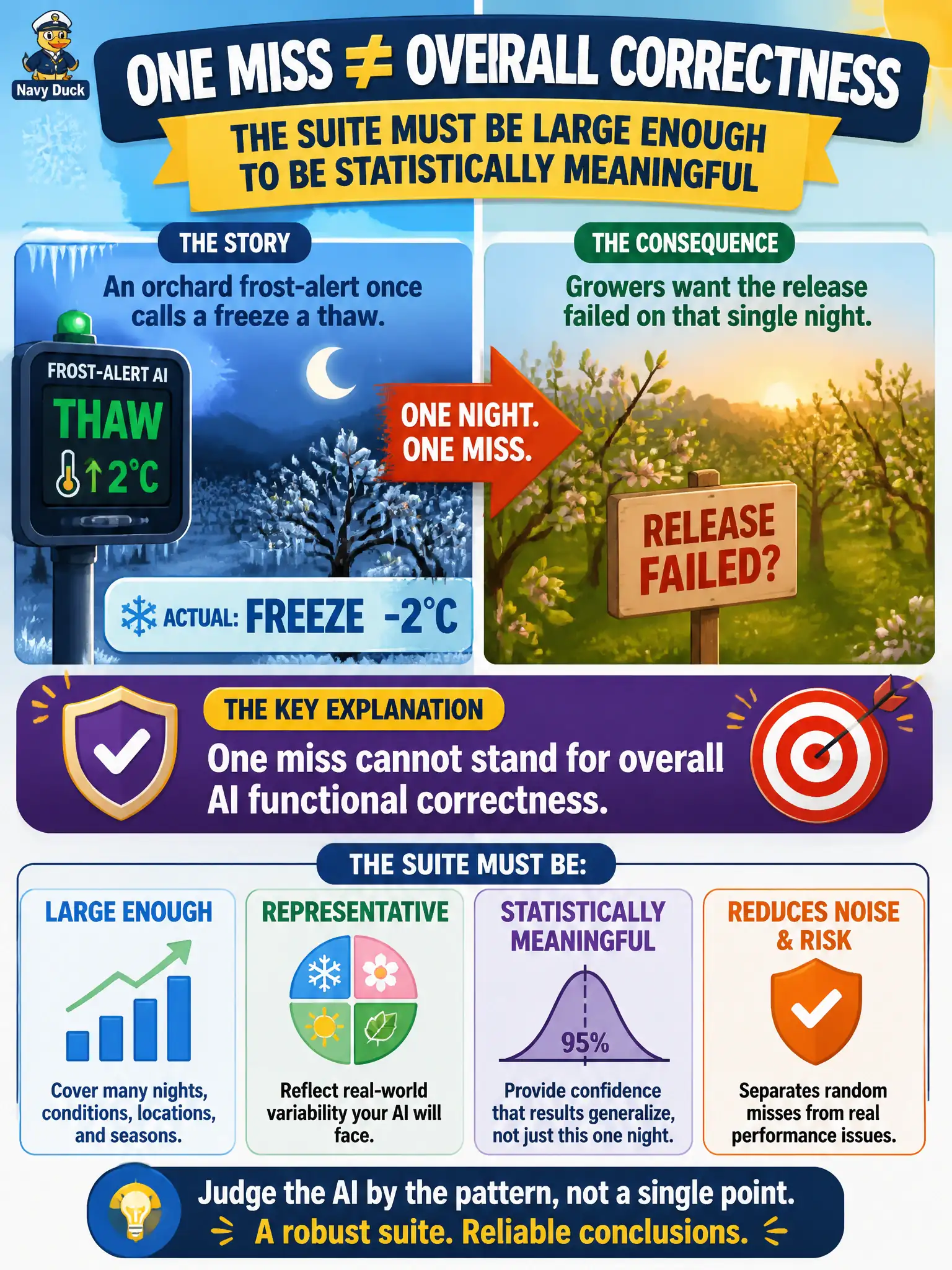 To Create an exciting colorful infographic that explains the concepts in the question: Question: An orchard frost-alert once calls a freeze a thaw. Growers want the release failed on that single night. What should the tester explain? Correct Answer: One miss cannot stand for overall AI functional correctness. The suite must be large enough to be statistically meaningful. Put EVERY visible label in double quotes. No people. No A/B/C/D letters. In one of the four corners put a little "Navy Duck".