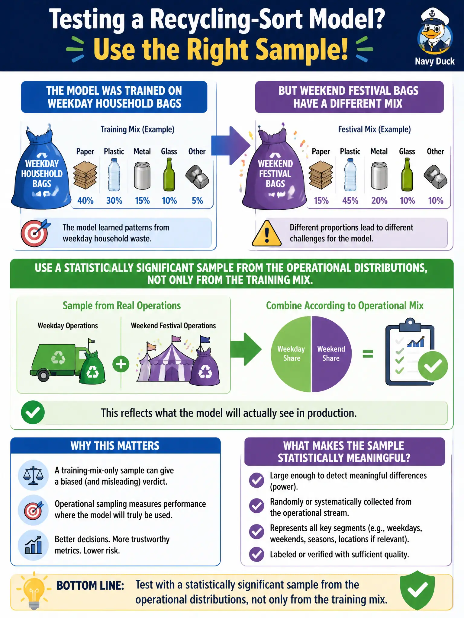 To Create an exciting colorful infographic that explains the concepts in the question: Question: A recycling-sort model was fitted on weekday household bags. Weekend festival bags have a different mix. What sample should testers use for a statistically meaningful verdict? Correct Answer: A statistically significant sample from the operational distributions, not only from the training mix. Put EVERY visible label in double quotes. No people. No A/B/C/D letters. In one of the four corners put a little "Navy Duck".