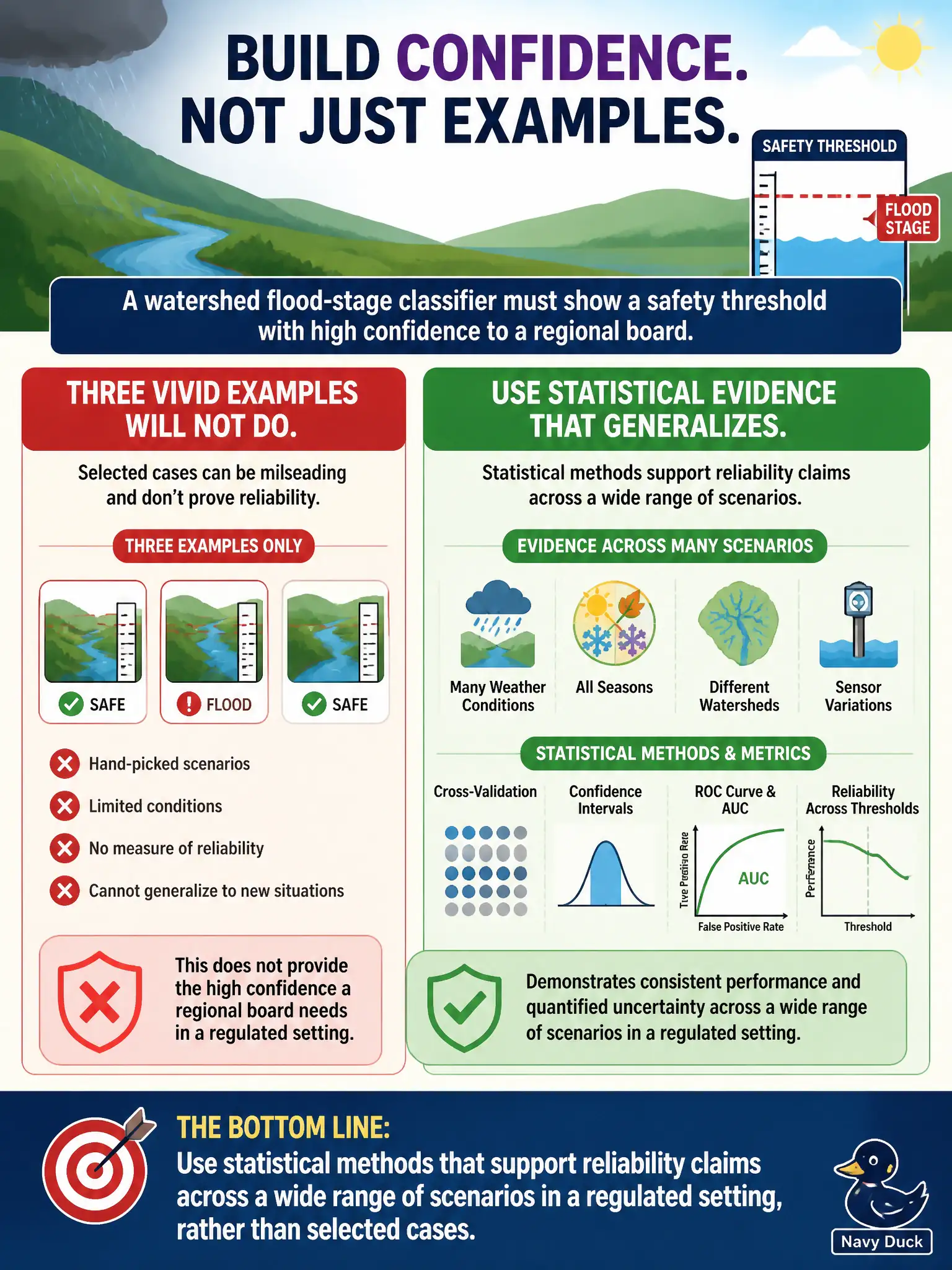 To Create an exciting colorful infographic that explains the concepts in the question: Question: A watershed flood-stage classifier must show a safety threshold with high confidence to a regional board. Three vivid examples will not do. What kind of evidence should the tester use? Correct Answer: Statistical methods that support reliability claims across a wide range of scenarios in a regulated setting, rather than selected cases. Put EVERY visible label in double quotes. No people. No A/B/C/D letters. In one of the four corners put a little "Navy Duck".