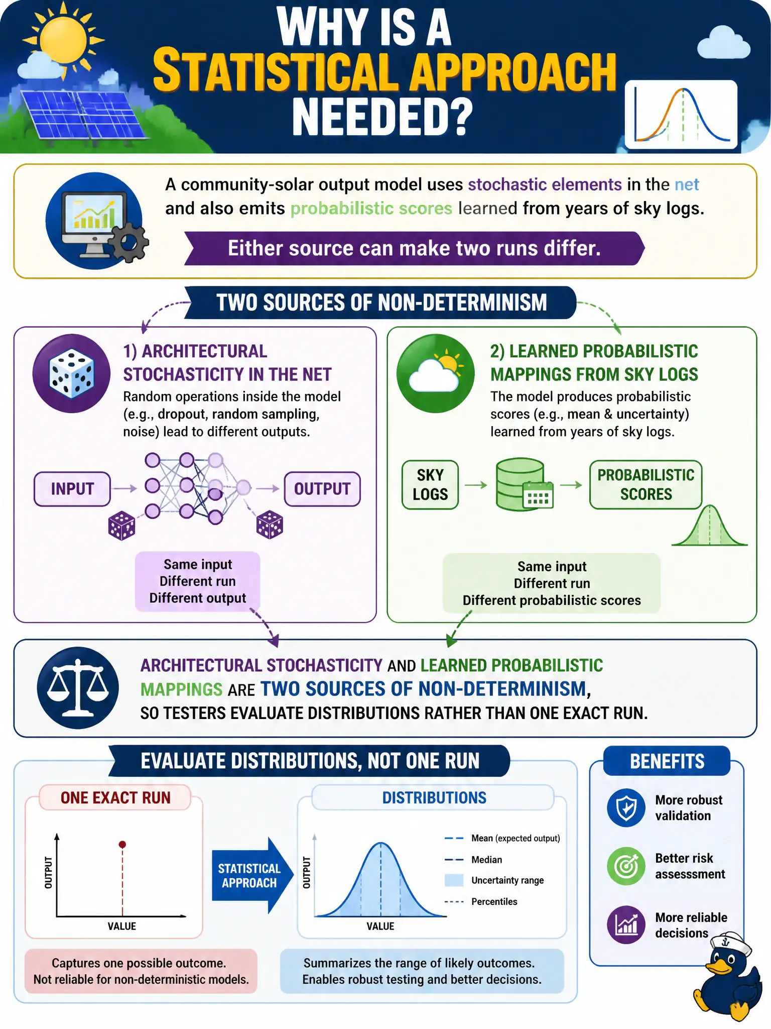To Create an exciting colorful infographic that explains the concepts in the question: Question: A community-solar output model uses stochastic elements in the net and also emits probabilistic scores learned from years of sky logs. Either source can make two runs differ. Why is a statistical approach needed? Correct Answer: Architectural stochasticity and learned probabilistic mappings are two sources of non-determinism, so testers evaluate distributions rather than one exact run. Put EVERY visible label in double quotes. No people. No A/B/C/D letters. In one of the four corners put a little "Navy Duck".
