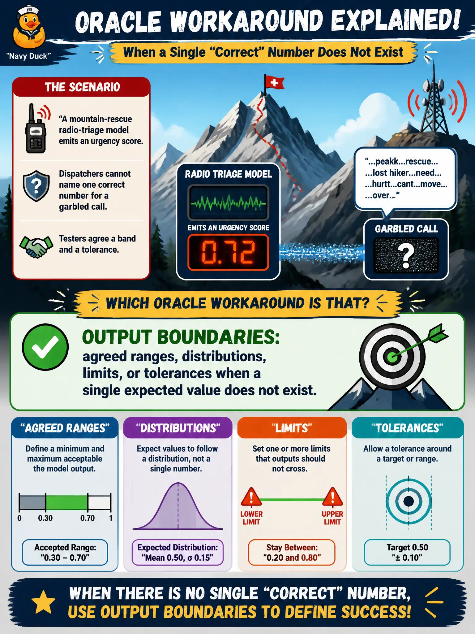 To Create an exciting colorful infographic that explains the concepts in the question: Question: A mountain-rescue radio-triage model emits an urgency score. Dispatchers cannot name one correct number for a garbled call. Testers agree a band and a tolerance. Which oracle workaround is that? Correct Answer: Output boundaries: agreed ranges, distributions, limits, or tolerances when a single expected value does not exist. Put EVERY visible label in double quotes. No people. No A/B/C/D letters. In one of the four corners put a little "Navy Duck".
