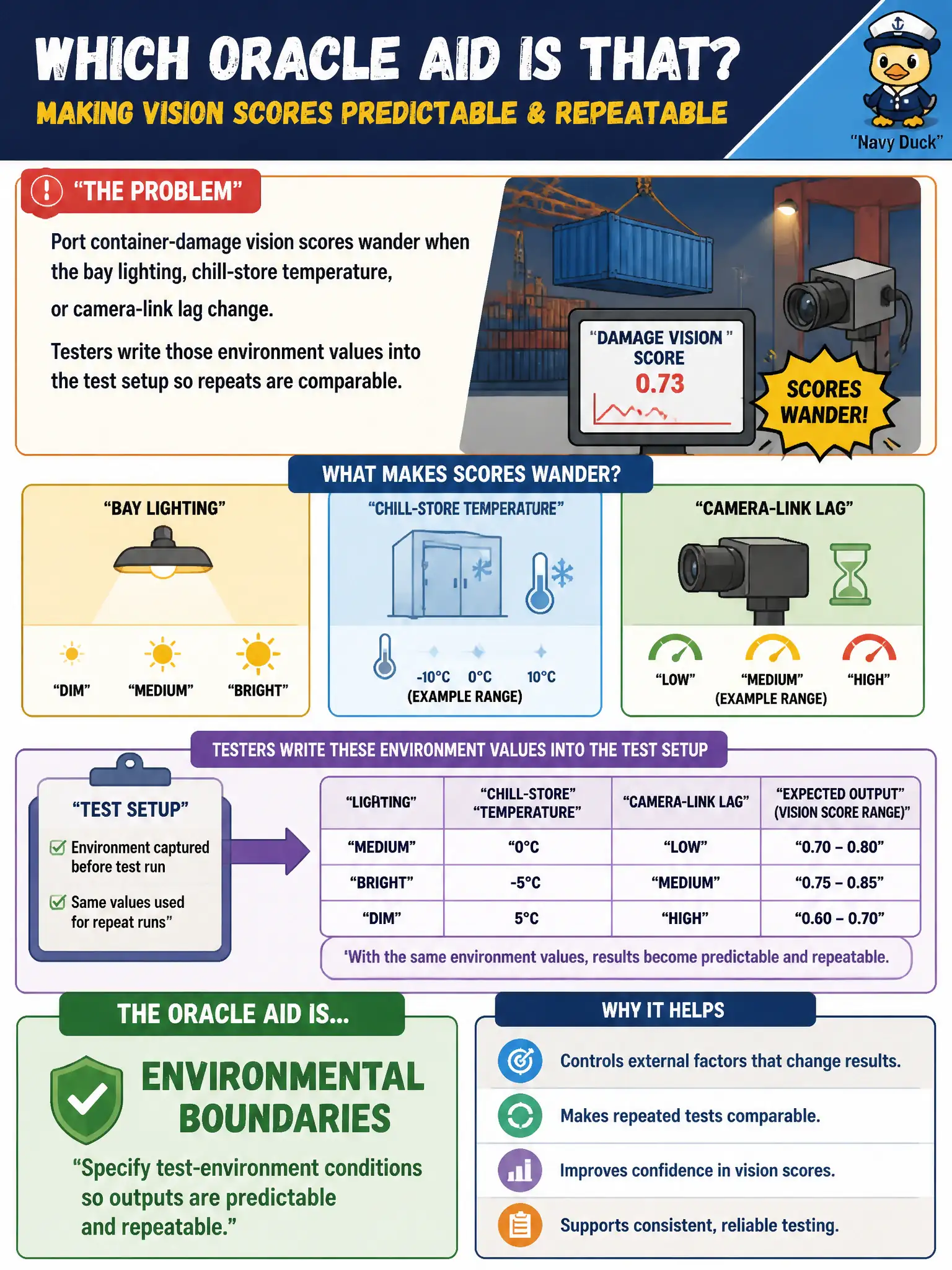 To Create an exciting colorful infographic that explains the concepts in the question: Question: Port container-damage vision scores wander when the bay lighting, chill-store temperature, or camera-link lag change. Testers write those environment values into the test setup so repeats are comparable. Which oracle aid is that? Correct Answer: Environmental boundaries: specify test-environment conditions so outputs are predictable and repeatable. Put EVERY visible label in double quotes. No people. No A/B/C/D letters. In one of the four corners put a little "Navy Duck".