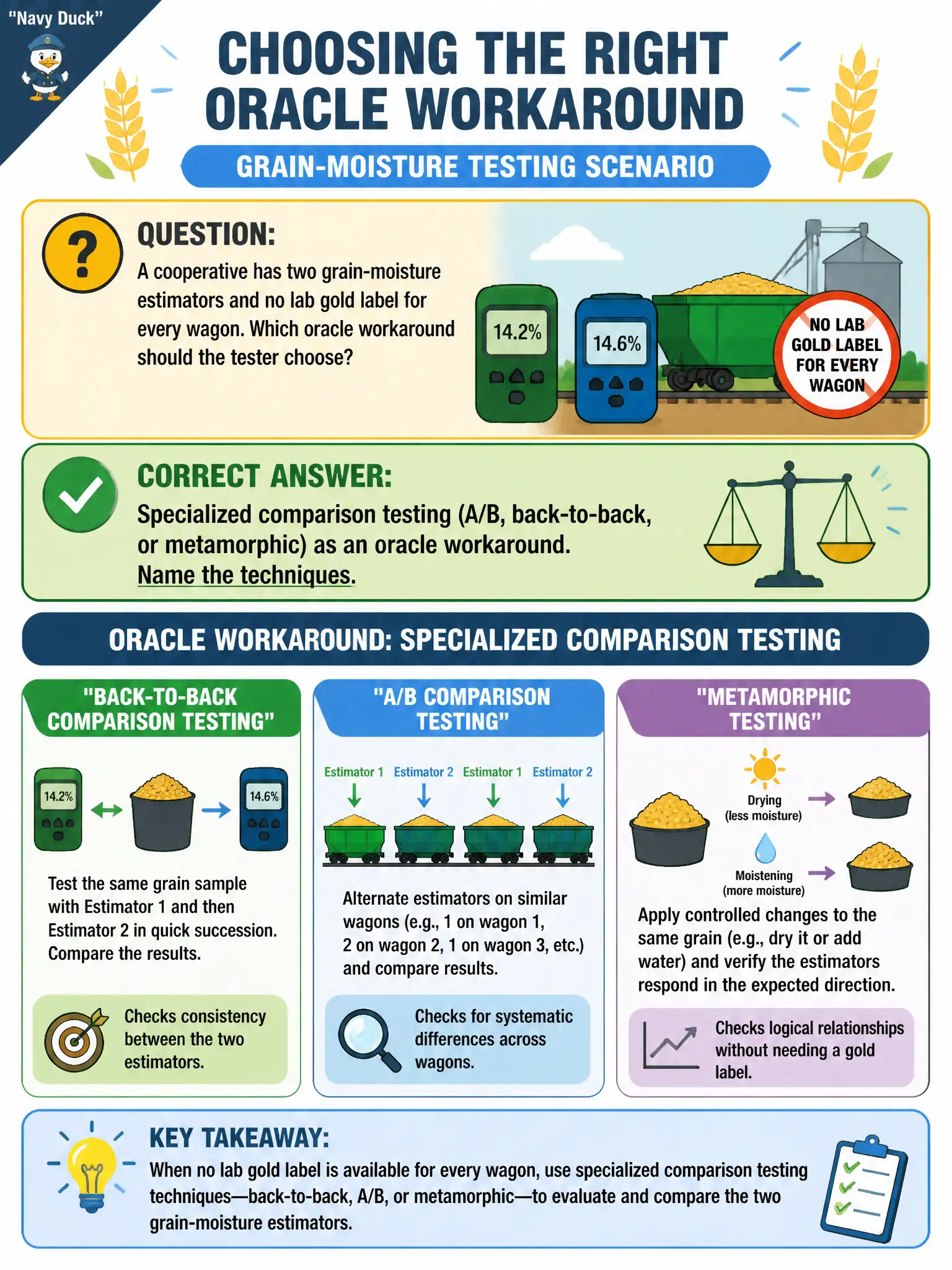 To Create an exciting colorful infographic that explains the concepts in the question: Question: A cooperative has two grain-moisture estimators and no lab gold label for every wagon. Which oracle workaround should the tester choose? Correct Answer: Specialized comparison testing (A/B, back-to-back, or metamorphic) as an oracle workaround — name the techniques, do not invent a fake expected percent or teach Chapter 6 derivation steps. Put EVERY visible label in double quotes. No people. No A/B/C/D letters. In one of the four corners put a little "Navy Duck".